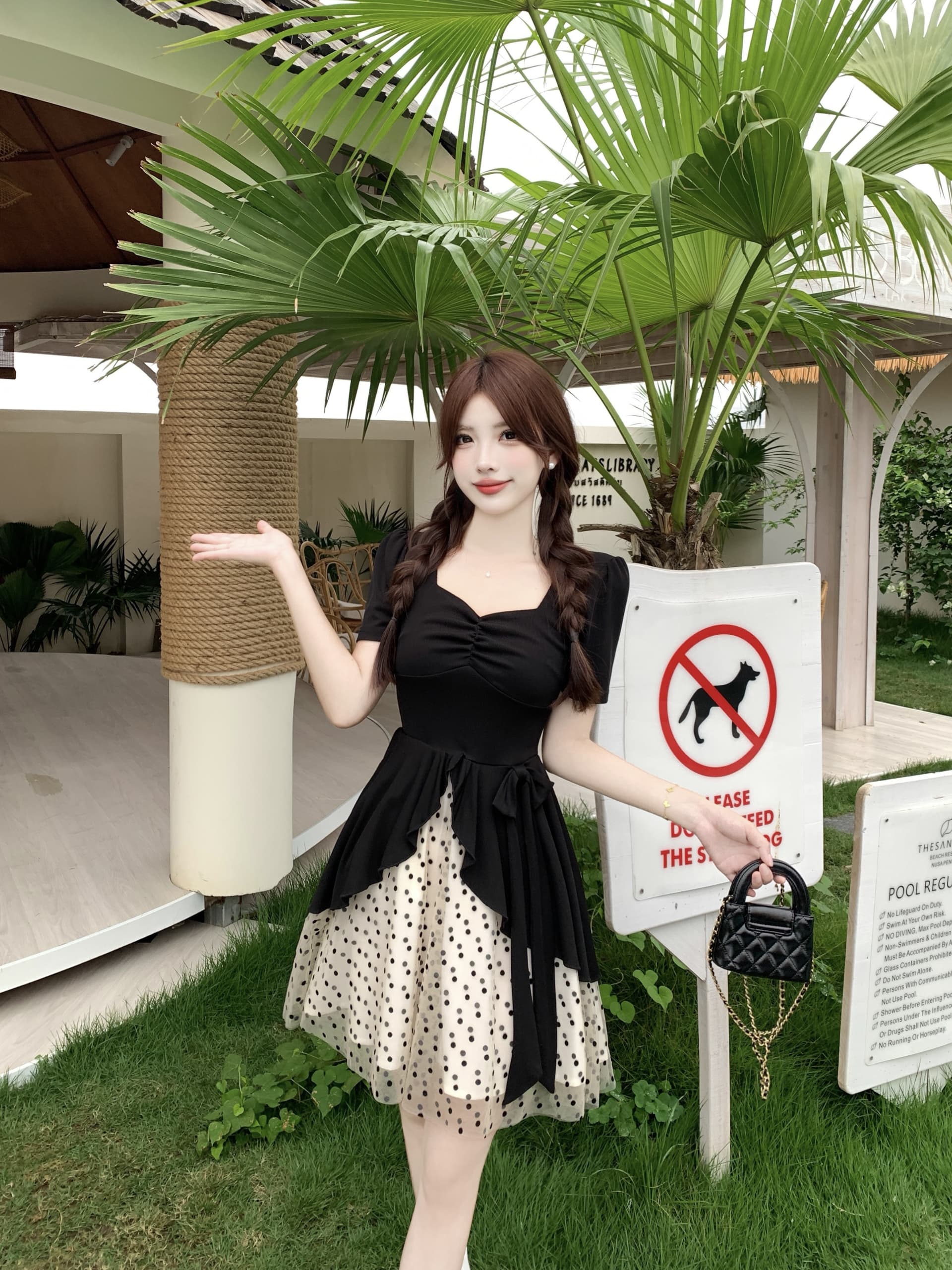 빅 사이즈 도트 무늬 달콤한 머리말 마이크로 지방 mm 검정색 품격 그는 벤 바람 도트 무늬 망사 패치워크 허리 수축 슬림해 보이는 여성 드레스 상세 이미지 15