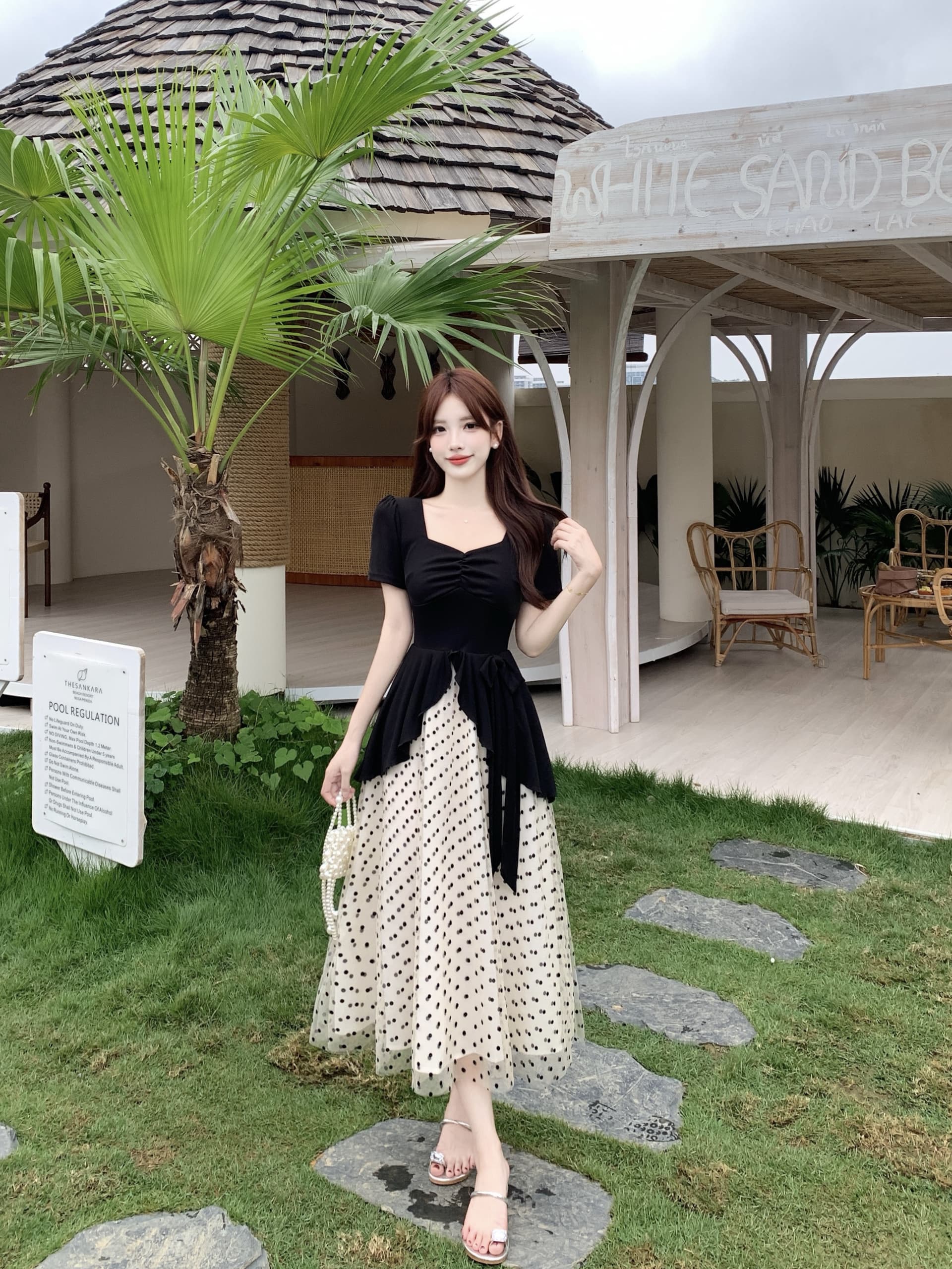 빅 사이즈 도트 무늬 달콤한 머리말 마이크로 지방 mm 검정색 품격 그는 벤 바람 도트 무늬 망사 패치워크 허리 수축 슬림해 보이는 여성 드레스 상세 이미지 17