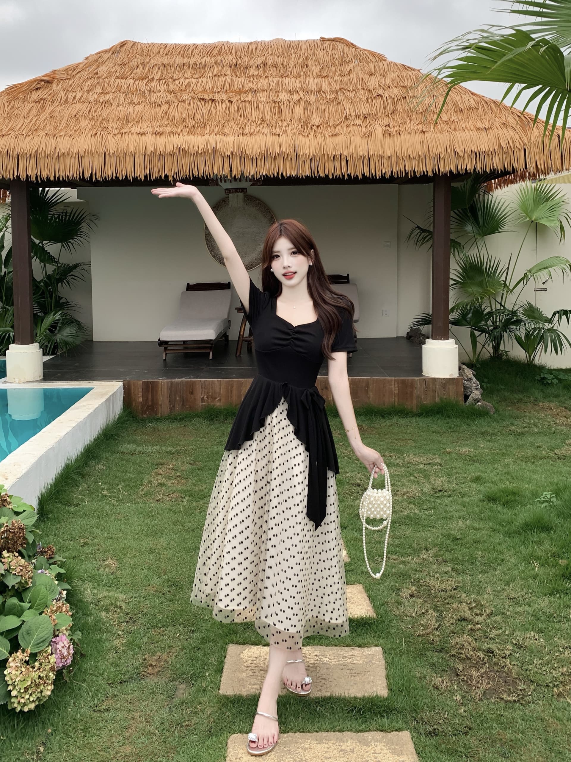 빅 사이즈 도트 무늬 달콤한 머리말 마이크로 지방 mm 검정색 품격 그는 벤 바람 도트 무늬 망사 패치워크 허리 수축 슬림해 보이는 여성 드레스 상세 이미지 22