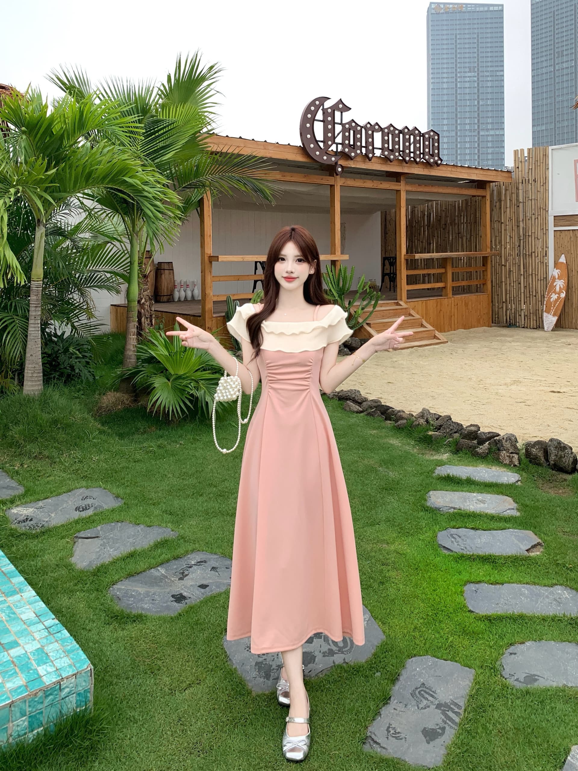 빅 사이즈 분말 안개 향기로운 분위기 프랑스식 프릴 드레스 여성 의류 외국 가스 허리 수축 슬림해 보이는 그는 벤 바람 비스듬한 칼라 A라인 스커트 상세 이미지 13