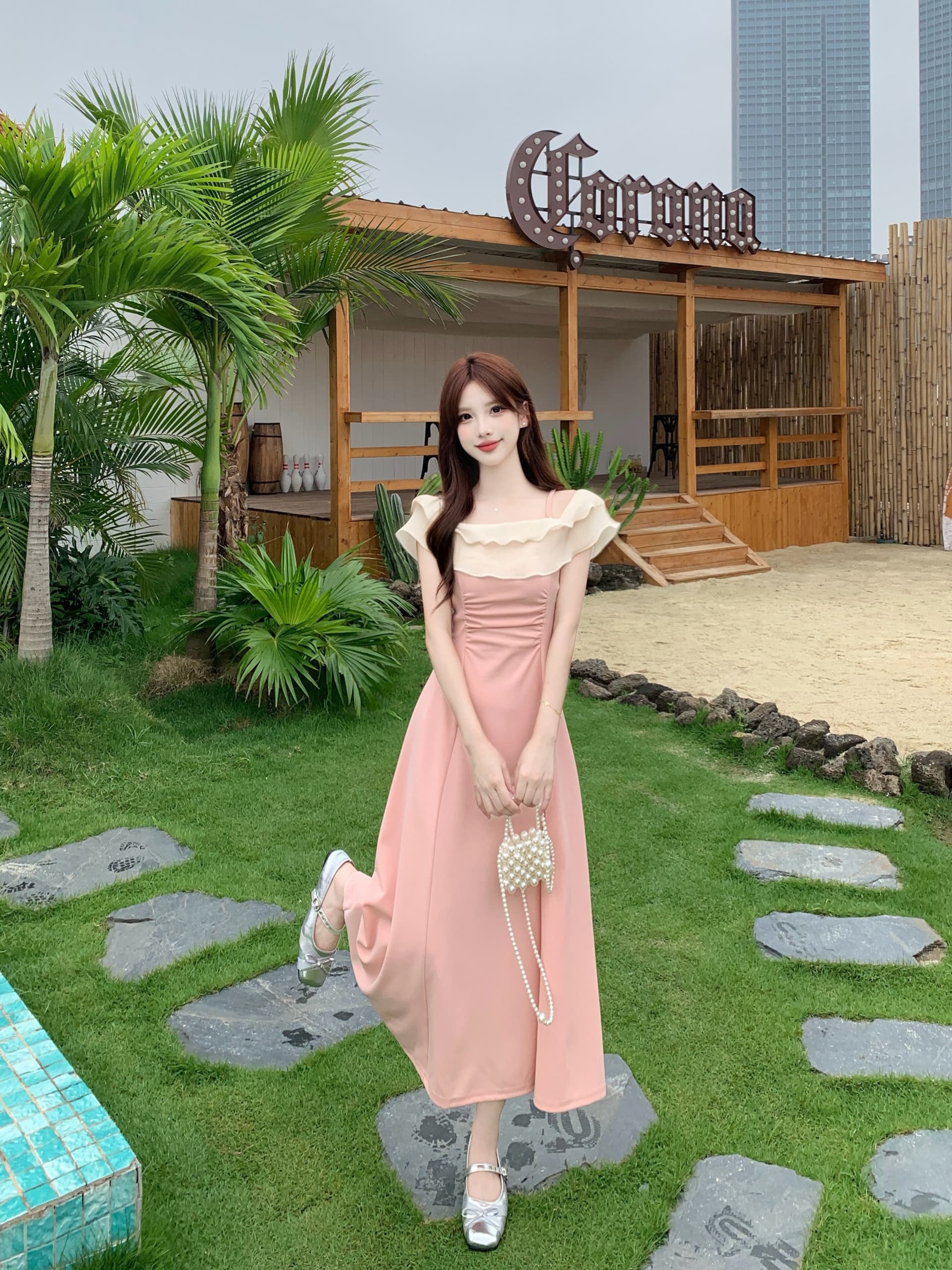 빅 사이즈 분말 안개 향기로운 분위기 프랑스식 프릴 드레스 여성 의류 외국 가스 허리 수축 슬림해 보이는 그는 벤 바람 비스듬한 칼라 A라인 스커트 상세 이미지 14