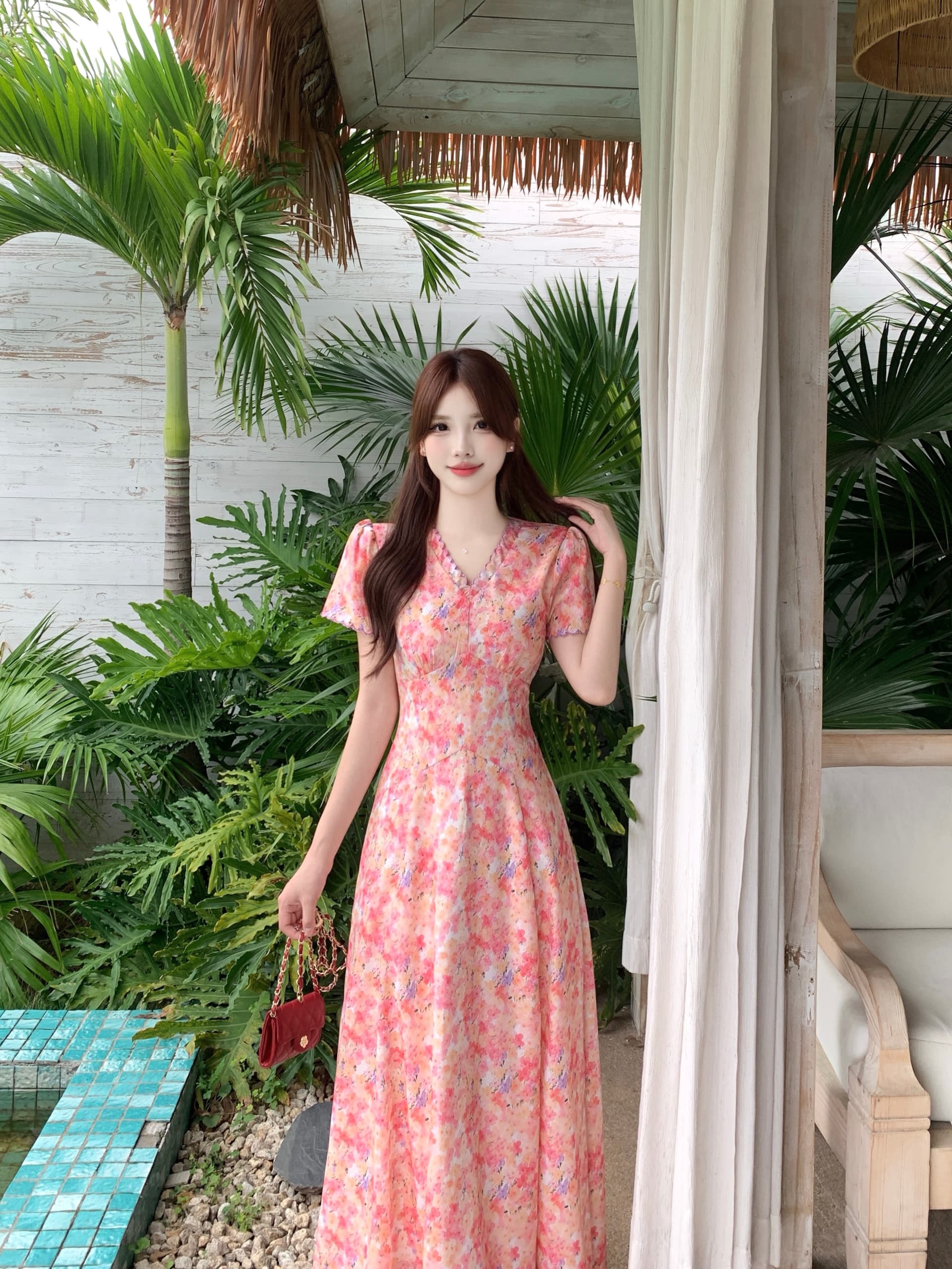 빅 사이즈 마이크로 지방 여름 프랑스식 품격 분말 리플 깨진 부드러운 부드러운 바람 꽃무늬 허리 수축 슬림해 보이는 반팔 여성 드레스 상세 이미지 10