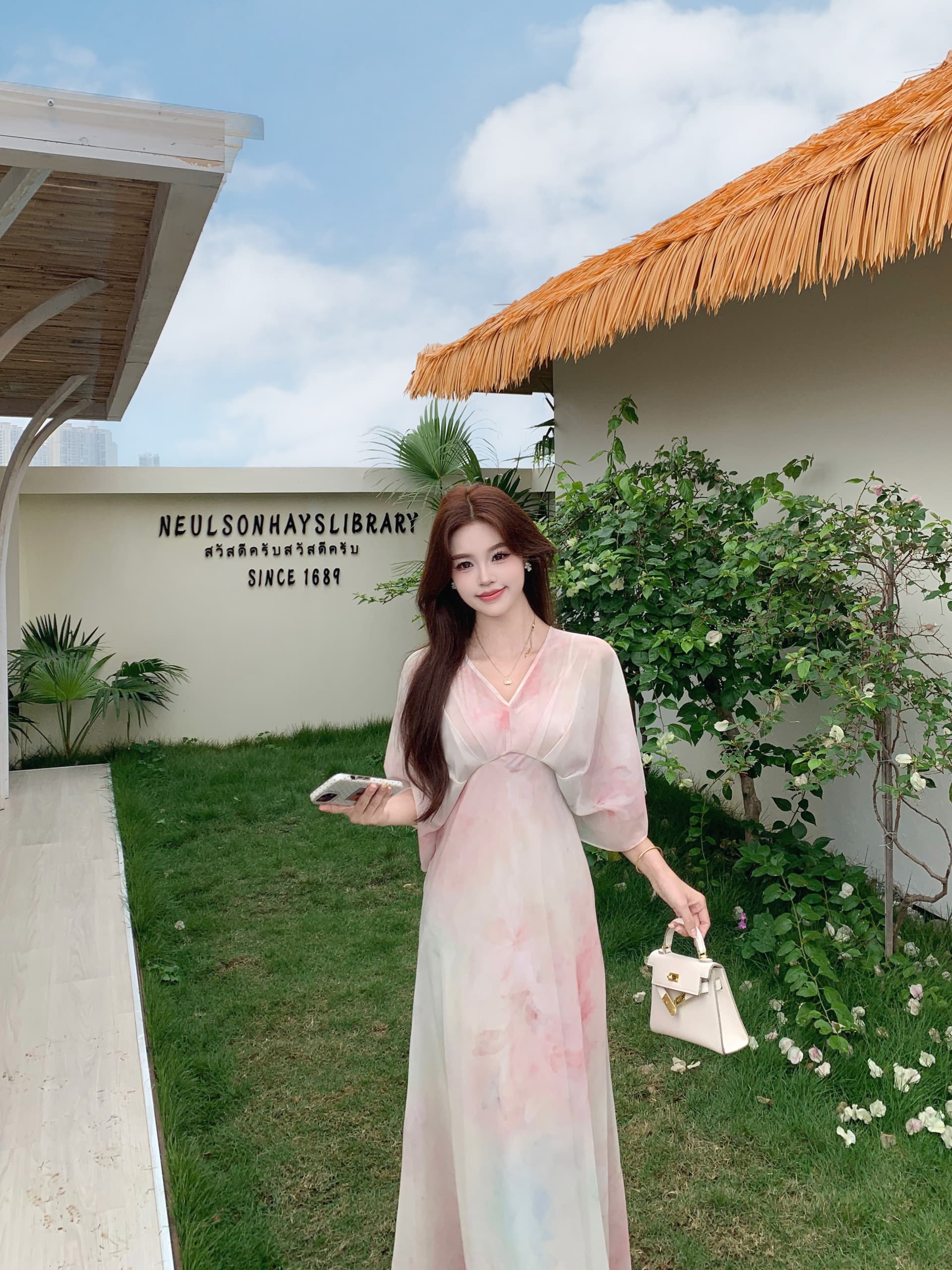 빅 사이즈 레트로 프랑스식 쉬폰 얇고 가벼운 작은 날다 소매 색상 꽃 품격 슬림해 보이는 드레스 V넥 헤일로 염색 프린트 롱 스커트 상세 이미지 9