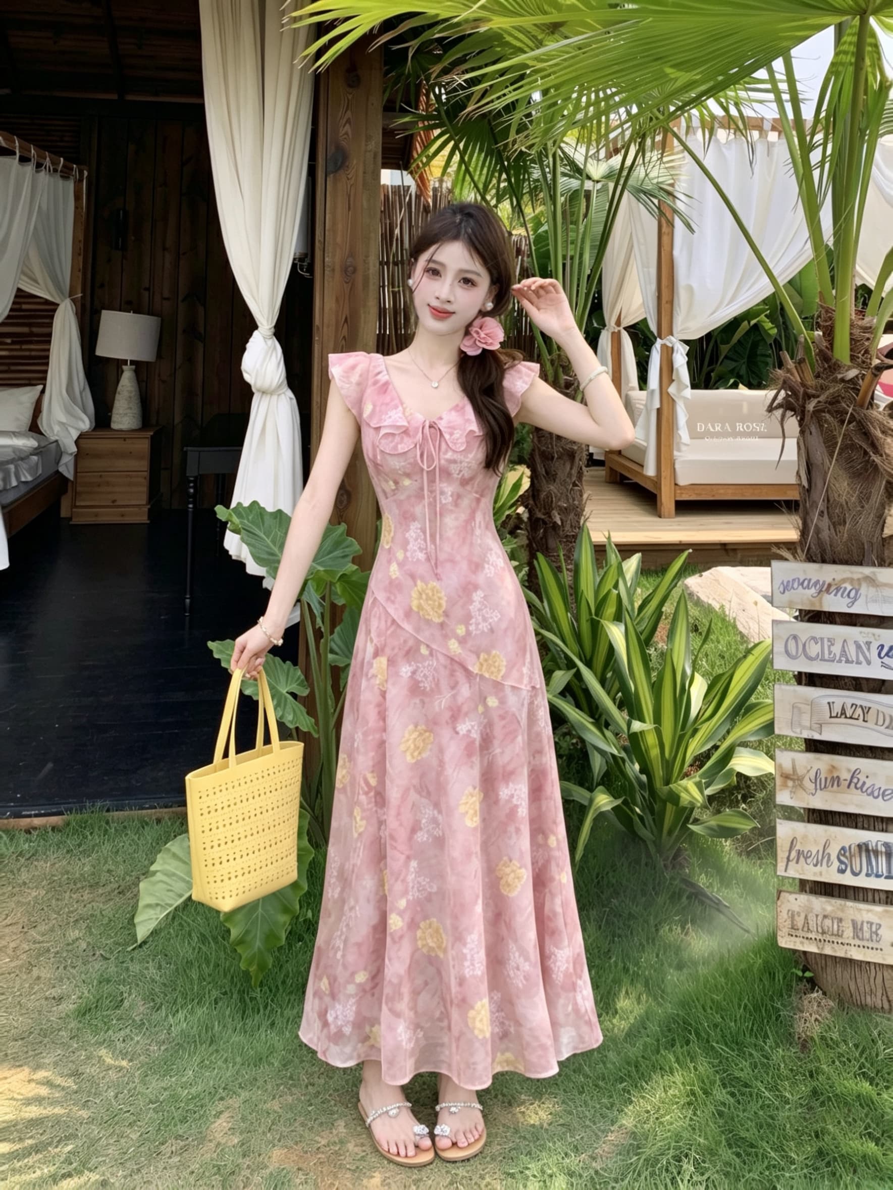 빅 사이즈 딸기 소프트 캔디 핑크색 무거운 작업 꽃무늬 슬립 여성 드레스 여름 프릴 연령 감소 허리 수축 슬림해 보이는 롱 스커트 이미지 2