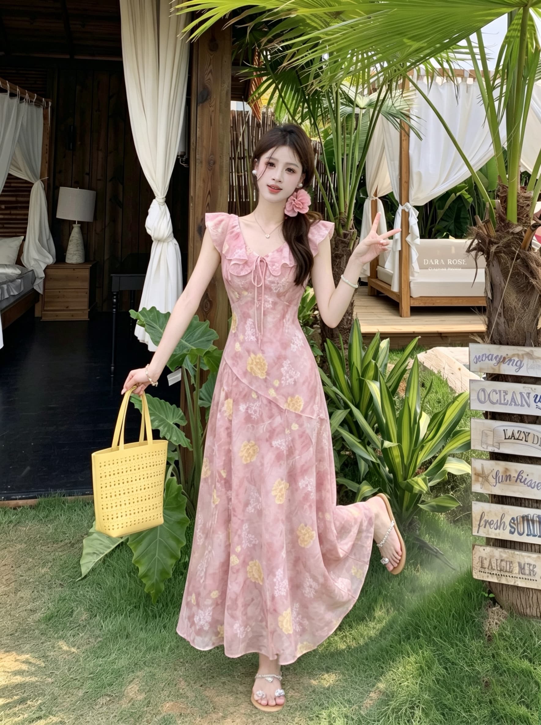 빅 사이즈 딸기 소프트 캔디 핑크색 무거운 작업 꽃무늬 슬립 여성 드레스 여름 프릴 연령 감소 허리 수축 슬림해 보이는 롱 스커트 상세 이미지 4