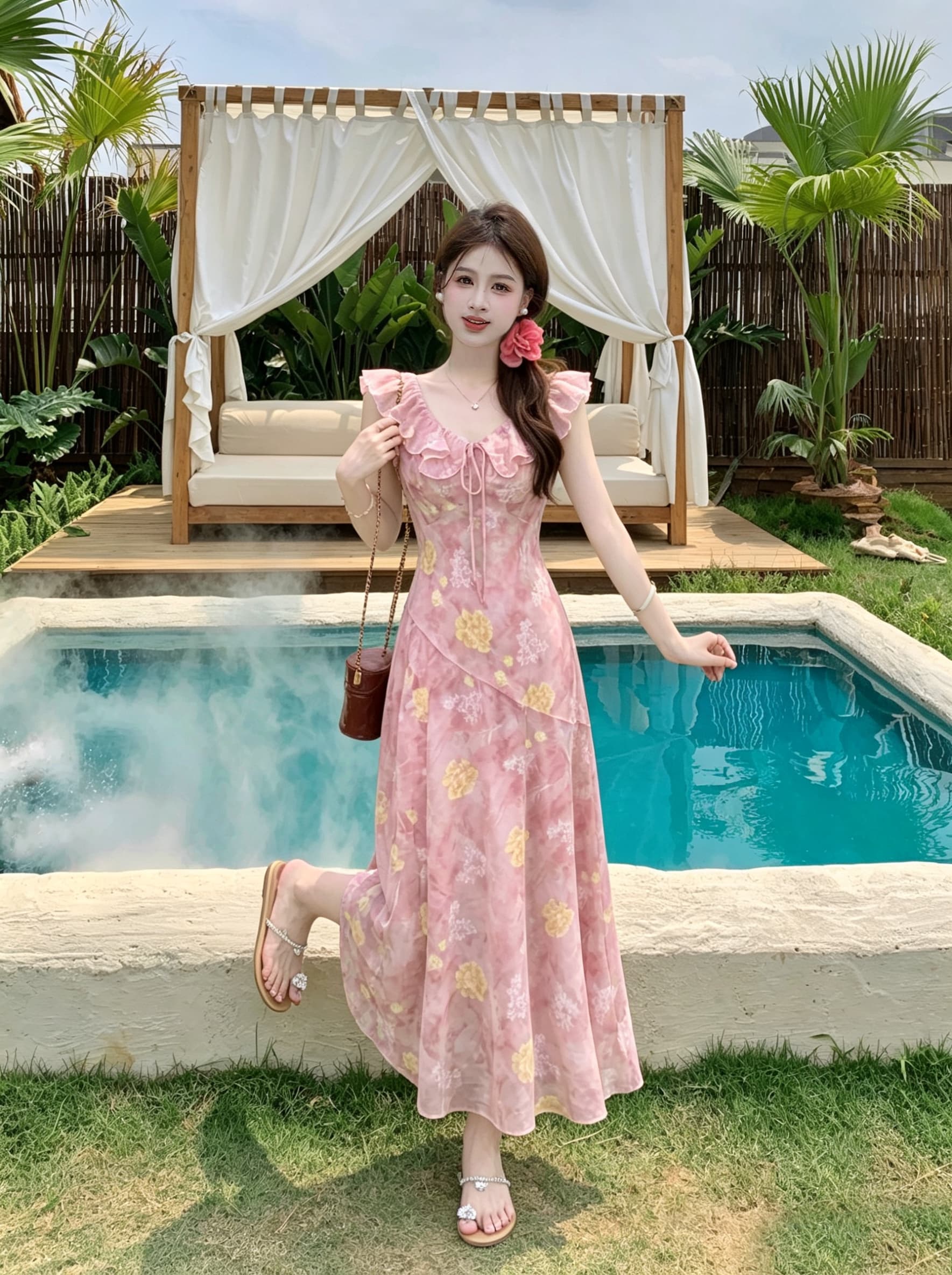 빅 사이즈 딸기 소프트 캔디 핑크색 무거운 작업 꽃무늬 슬립 여성 드레스 여름 프릴 연령 감소 허리 수축 슬림해 보이는 롱 스커트 상세 이미지 5