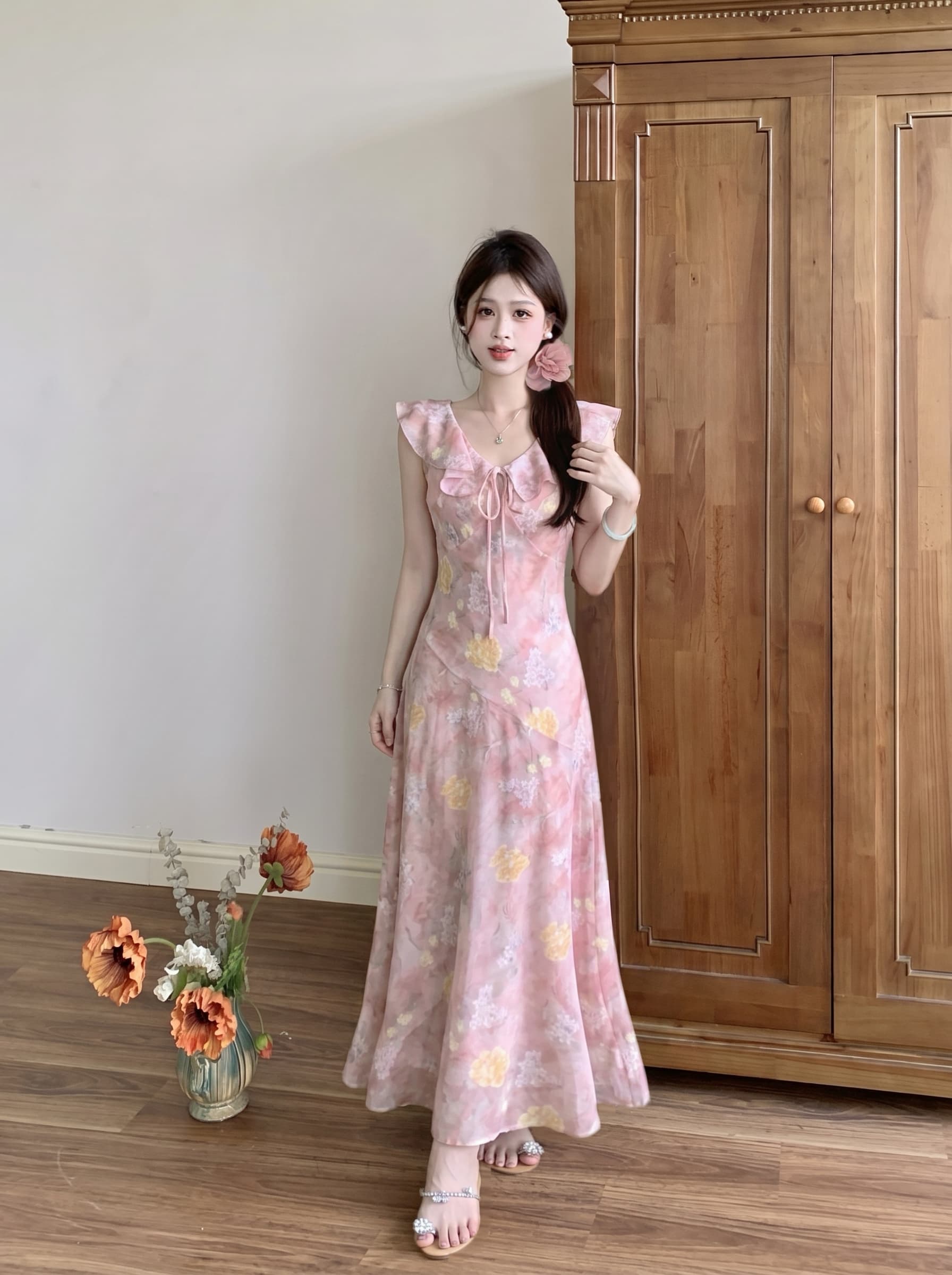 빅 사이즈 딸기 소프트 캔디 핑크색 무거운 작업 꽃무늬 슬립 여성 드레스 여름 프릴 연령 감소 허리 수축 슬림해 보이는 롱 스커트 상세 이미지 7