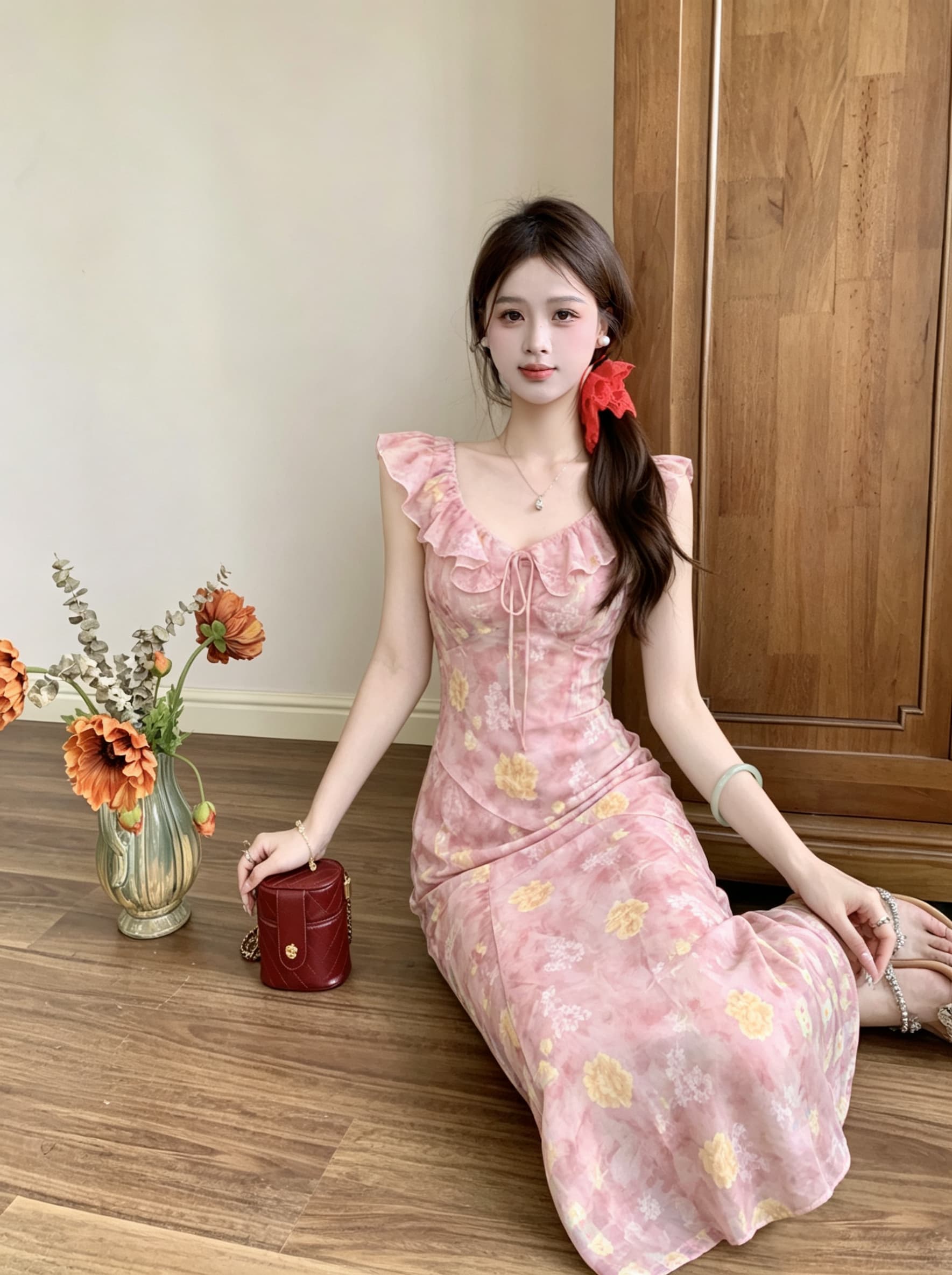 빅 사이즈 딸기 소프트 캔디 핑크색 무거운 작업 꽃무늬 슬립 여성 드레스 여름 프릴 연령 감소 허리 수축 슬림해 보이는 롱 스커트 상세 이미지 8