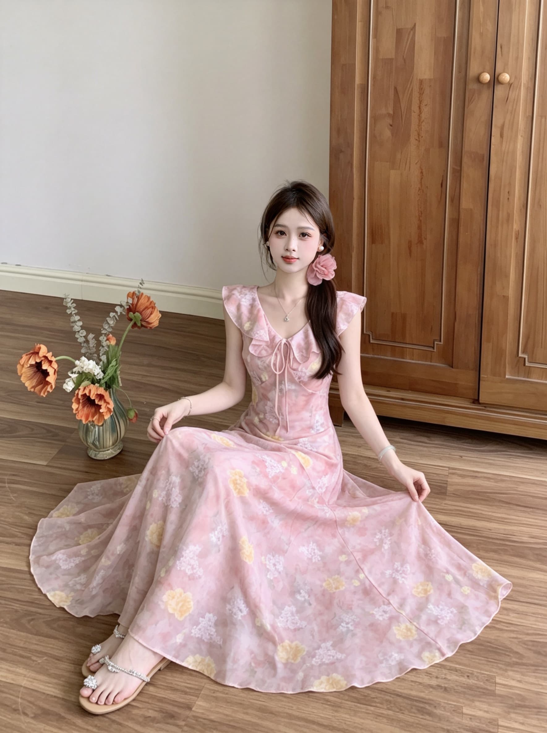 빅 사이즈 딸기 소프트 캔디 핑크색 무거운 작업 꽃무늬 슬립 여성 드레스 여름 프릴 연령 감소 허리 수축 슬림해 보이는 롱 스커트 상세 이미지 9