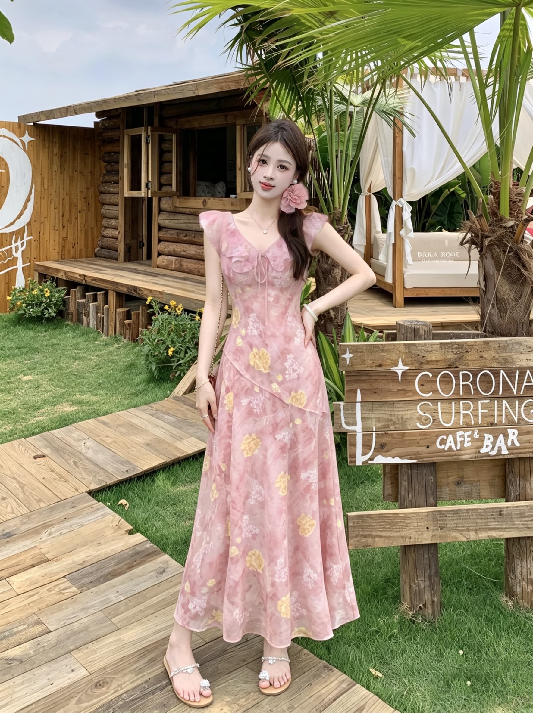 빅 사이즈 딸기 소프트 캔디 핑크색 무거운 작업 꽃무늬 슬립 여성 드레스 여름 프릴 연령 감소 허리 수축 슬림해 보이는 롱 스커트 상세 이미지 12