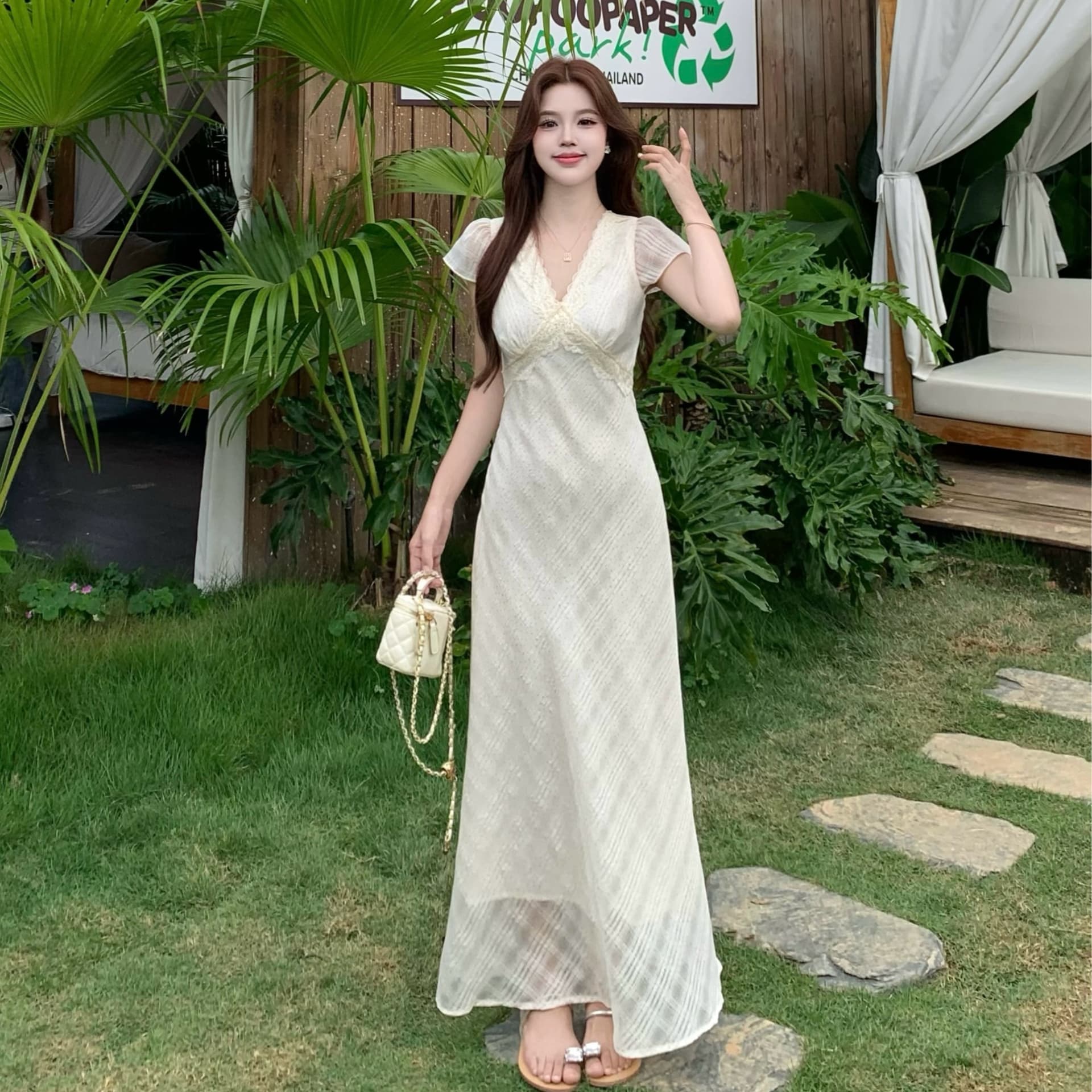 빅 사이즈 여름 새로운 프랑스식 부드러운 바람 반팔 여성 드레스 V넥 레이스 허리 수축 슬림해 보이는 롱 코트 차 휴식 치마 이미지 5