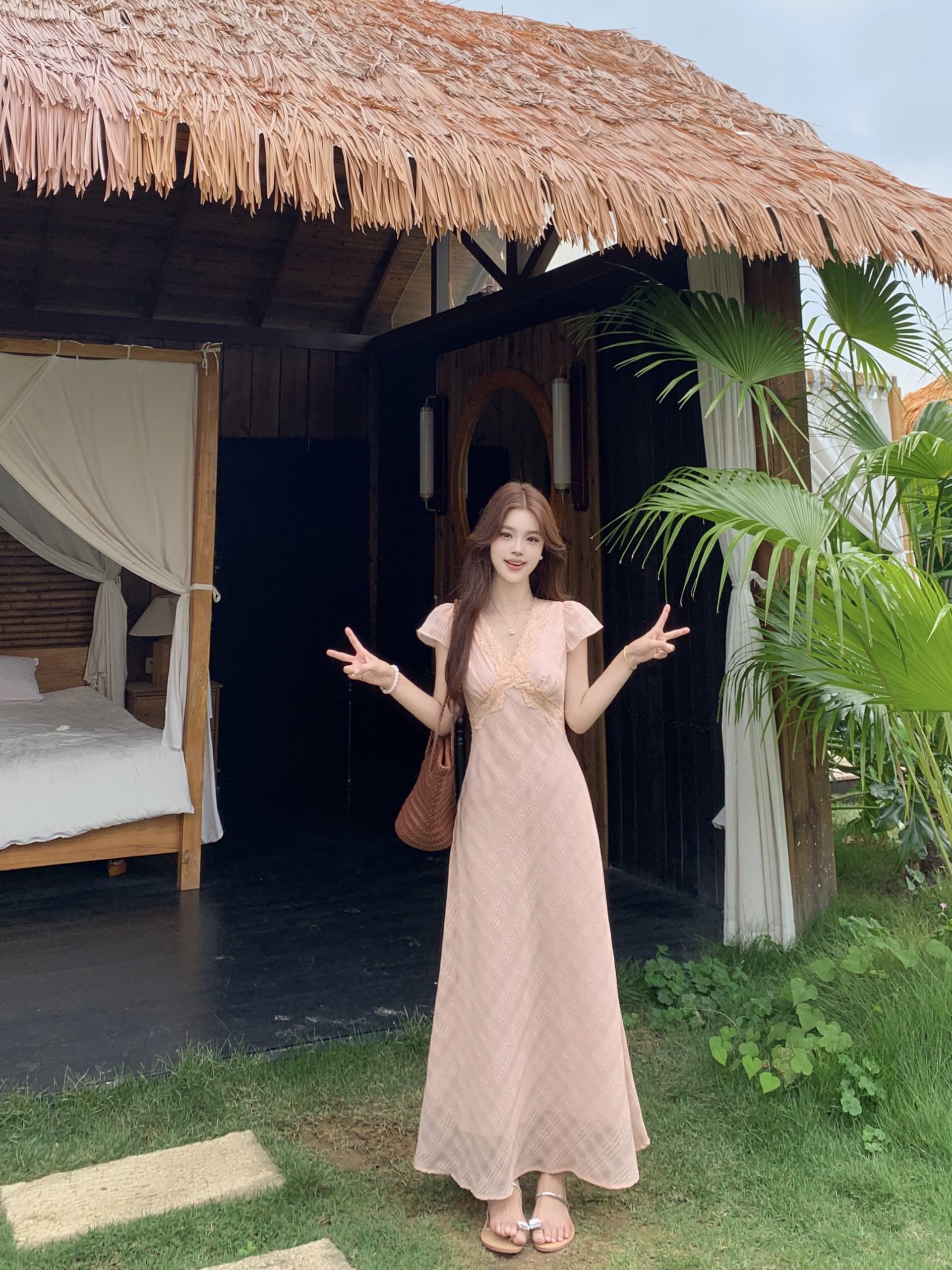 빅 사이즈 여름 새로운 프랑스식 부드러운 바람 반팔 여성 드레스 V넥 레이스 허리 수축 슬림해 보이는 롱 코트 차 휴식 치마 상세 이미지 32