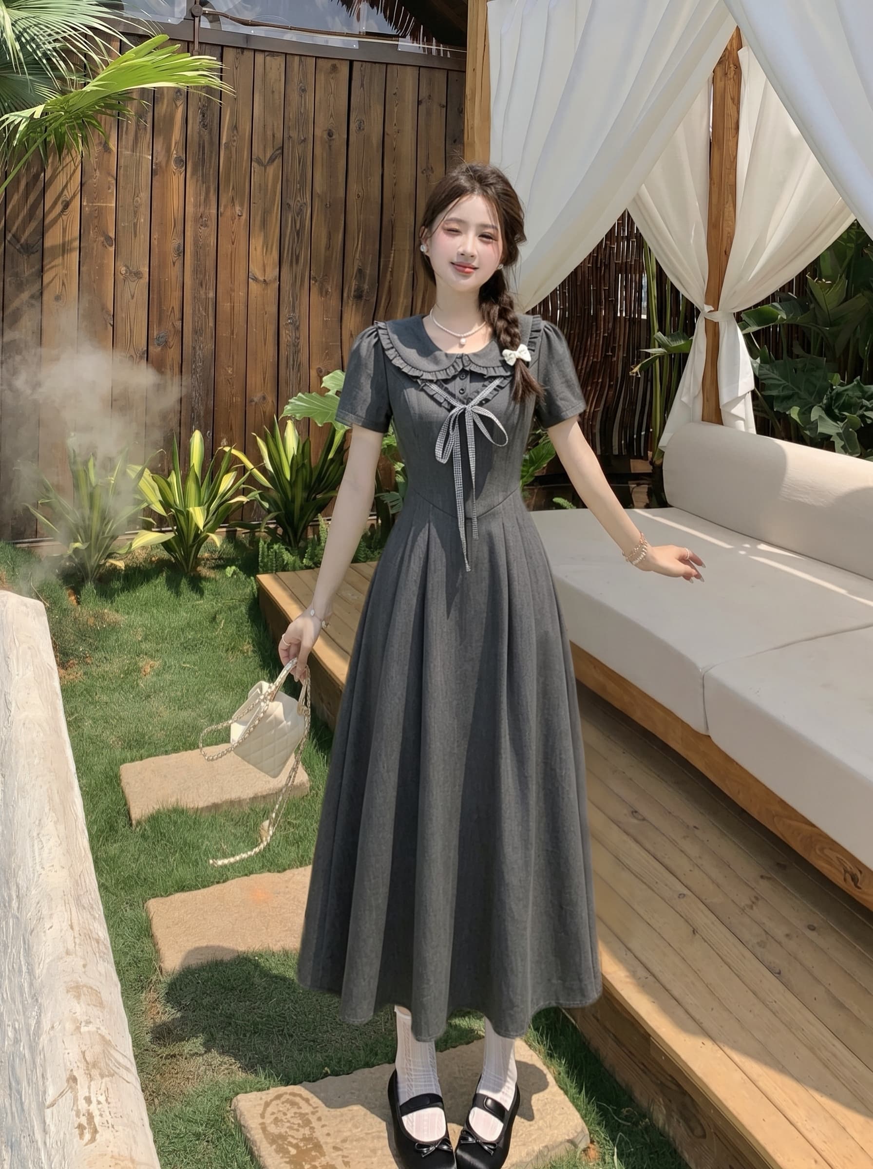 빅 사이즈 확인 꿈 소녀 마이크로 지방 mm 프랑스식 여름 품격 학원 나비 매듭 부드러운 플리츠 허리 수축 슬림해 보이는 드레스 상세 이미지 12