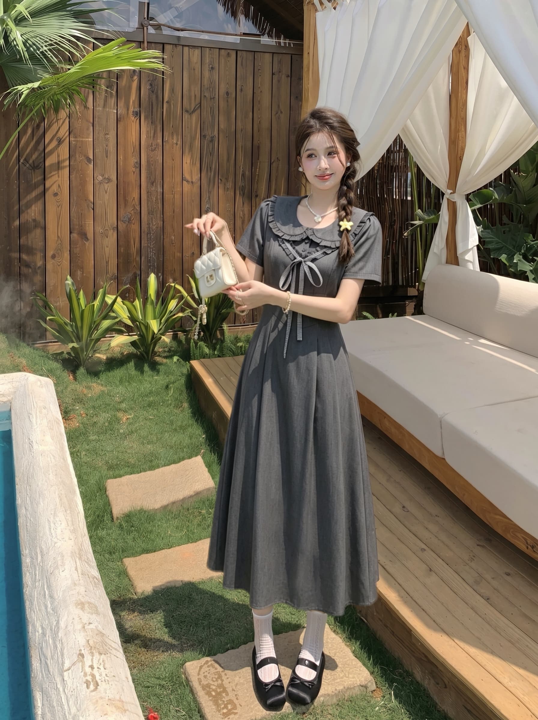 빅 사이즈 확인 꿈 소녀 마이크로 지방 mm 프랑스식 여름 품격 학원 나비 매듭 부드러운 플리츠 허리 수축 슬림해 보이는 드레스 상세 이미지 17