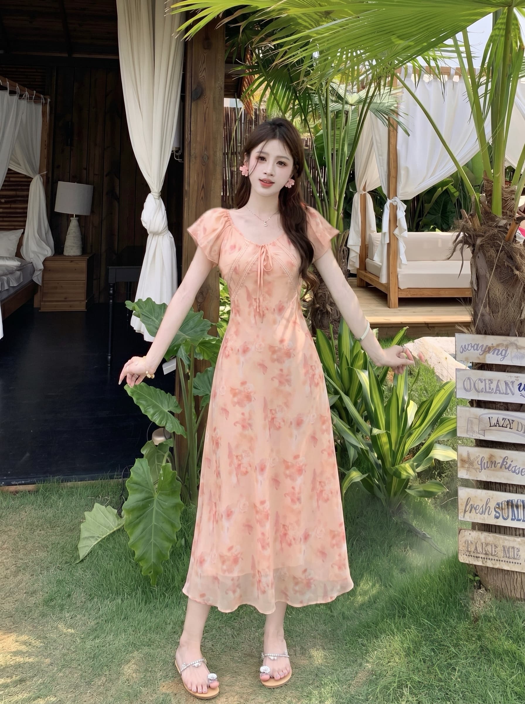 빅 사이즈 구름 사쿠라 빛 소매 새로운 중식 품격 프랑스식 여름 휴가 바람 주황색 핑크색 꽃무늬 드레스 작은 날다 소매 롱 스커트 이미지 2