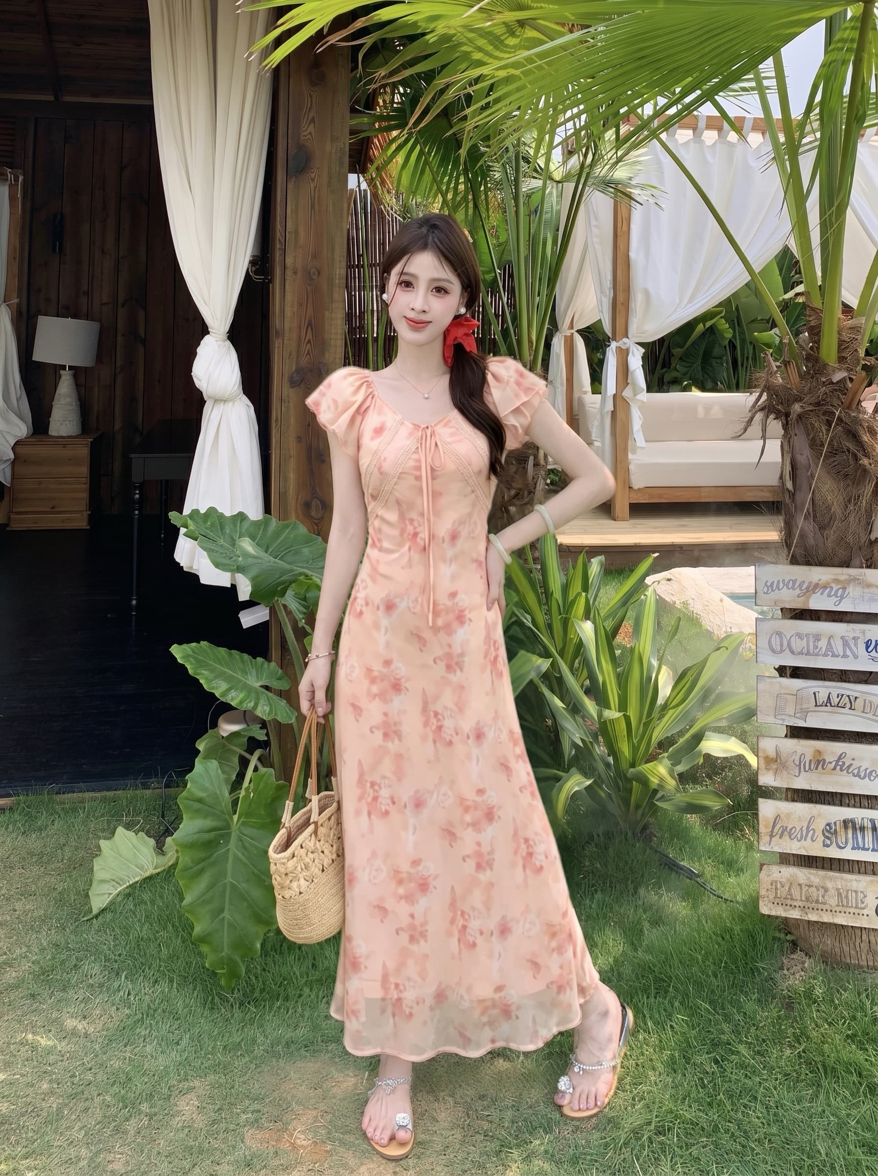 빅 사이즈 구름 사쿠라 빛 소매 새로운 중식 품격 프랑스식 여름 휴가 바람 주황색 핑크색 꽃무늬 드레스 작은 날다 소매 롱 스커트 상세 이미지 5