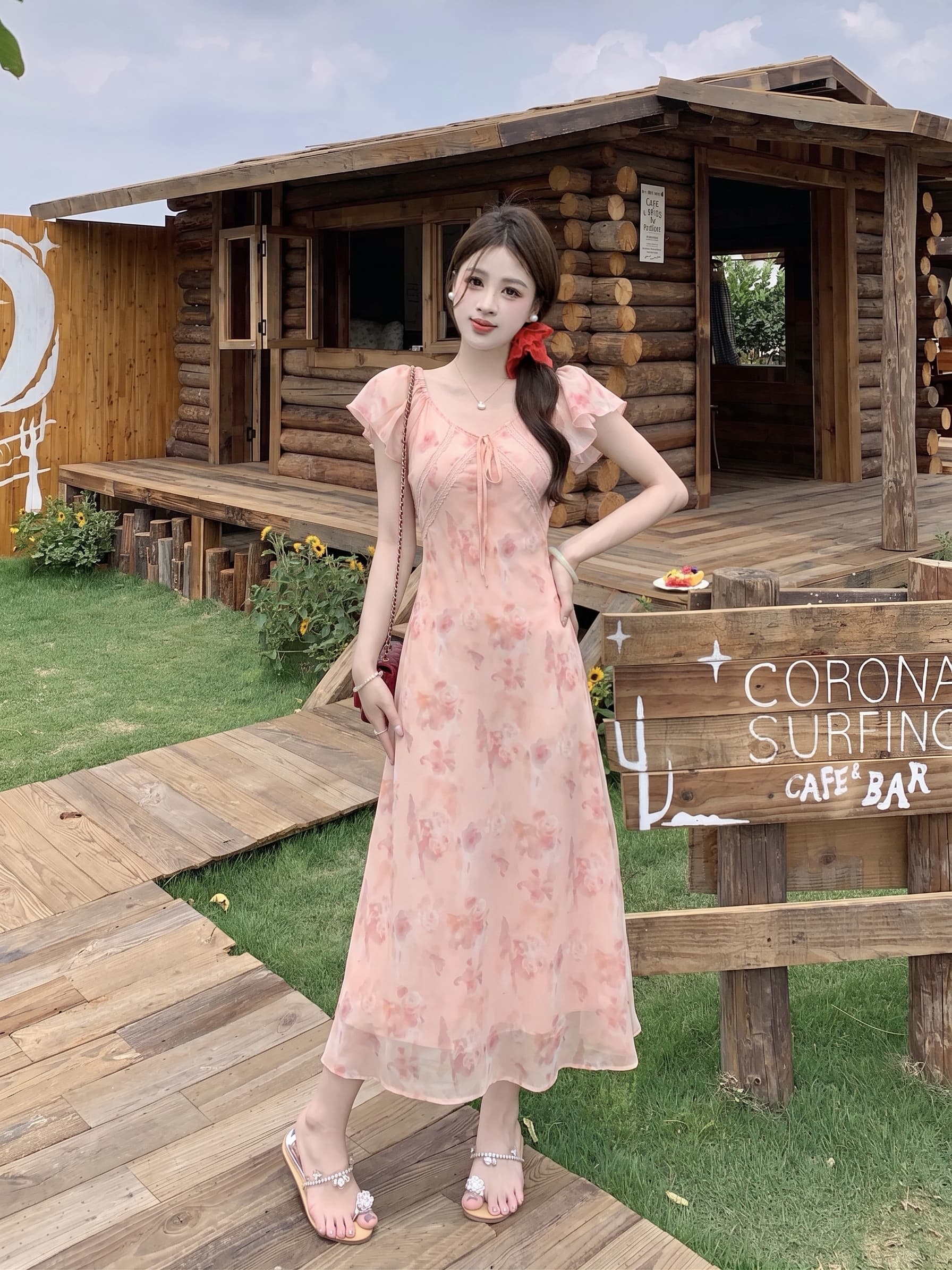 빅 사이즈 구름 사쿠라 빛 소매 새로운 중식 품격 프랑스식 여름 휴가 바람 주황색 핑크색 꽃무늬 드레스 작은 날다 소매 롱 스커트 상세 이미지 8