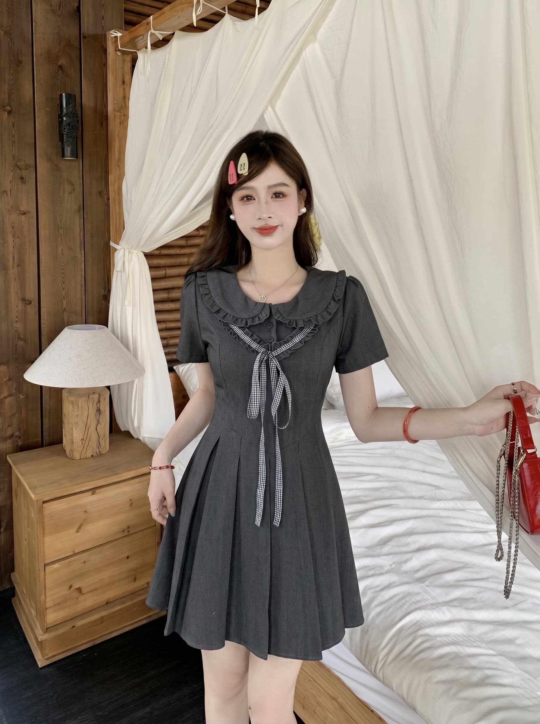 빅 사이즈 확인 꿈 소녀 마이크로 지방 mm 프랑스식 여름 품격 학원 나비 매듭 부드러운 플리츠 허리 수축 슬림해 보이는 드레스 상세 이미지 8