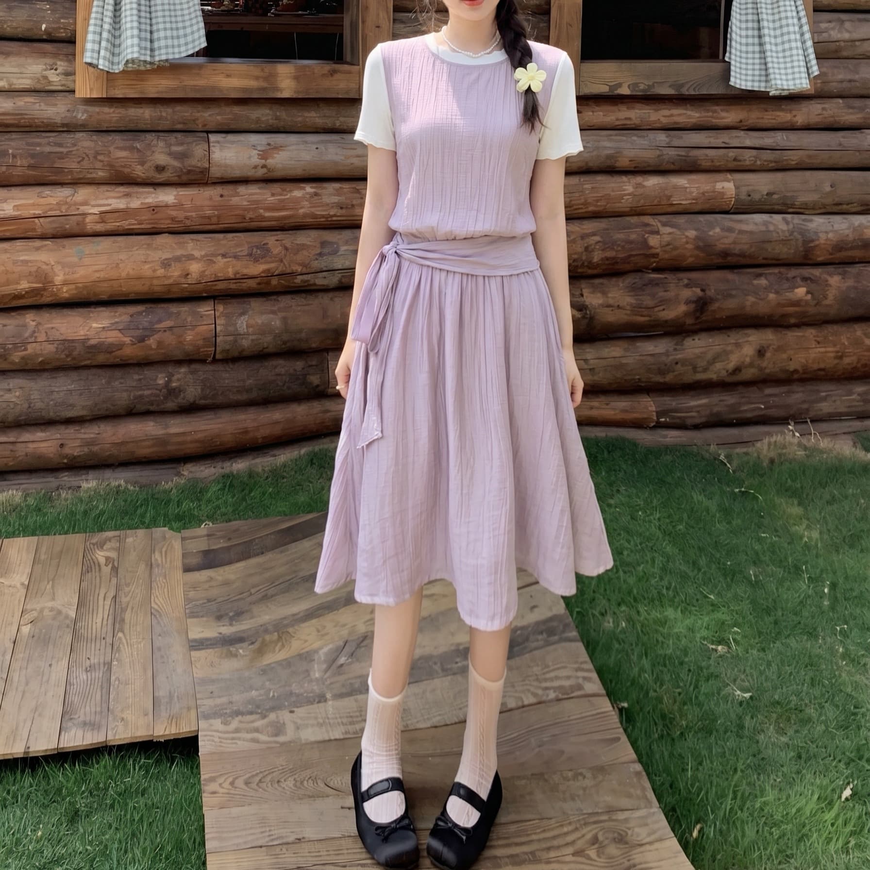 빅 사이즈 한 여성 오는 마이크로 지방 한 부서 달콤함 품격 망사 페이크 레이어드 맨위 반 스커트 얇고 가벼운 슬림해 보이는 세트 여성 이미지 5