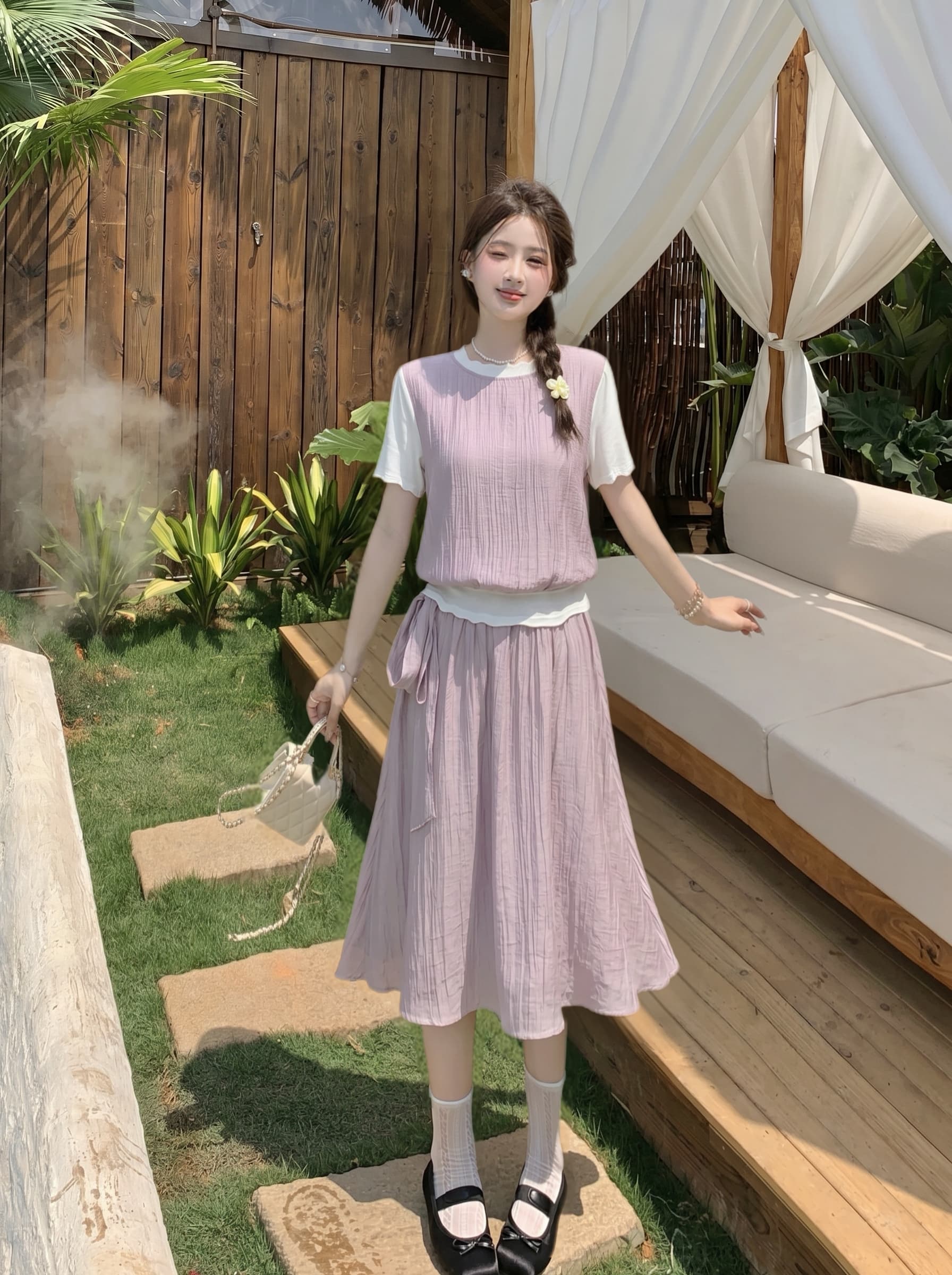 빅 사이즈 한 여성 오는 마이크로 지방 한 부서 달콤함 품격 망사 페이크 레이어드 맨위 반 스커트 얇고 가벼운 슬림해 보이는 세트 여성 상세 이미지 4
