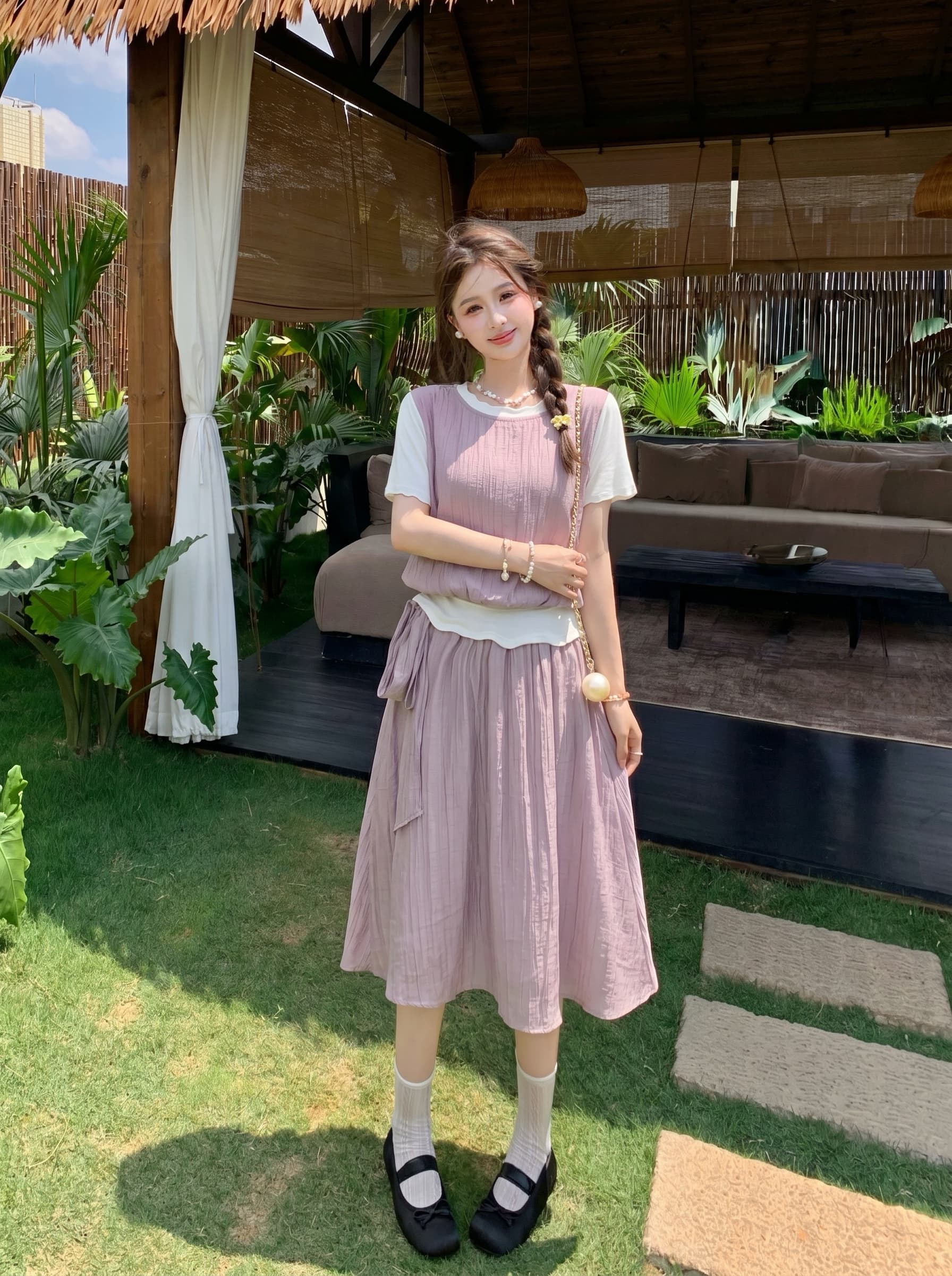 빅 사이즈 한 여성 오는 마이크로 지방 한 부서 달콤함 품격 망사 페이크 레이어드 맨위 반 스커트 얇고 가벼운 슬림해 보이는 세트 여성 상세 이미지 11