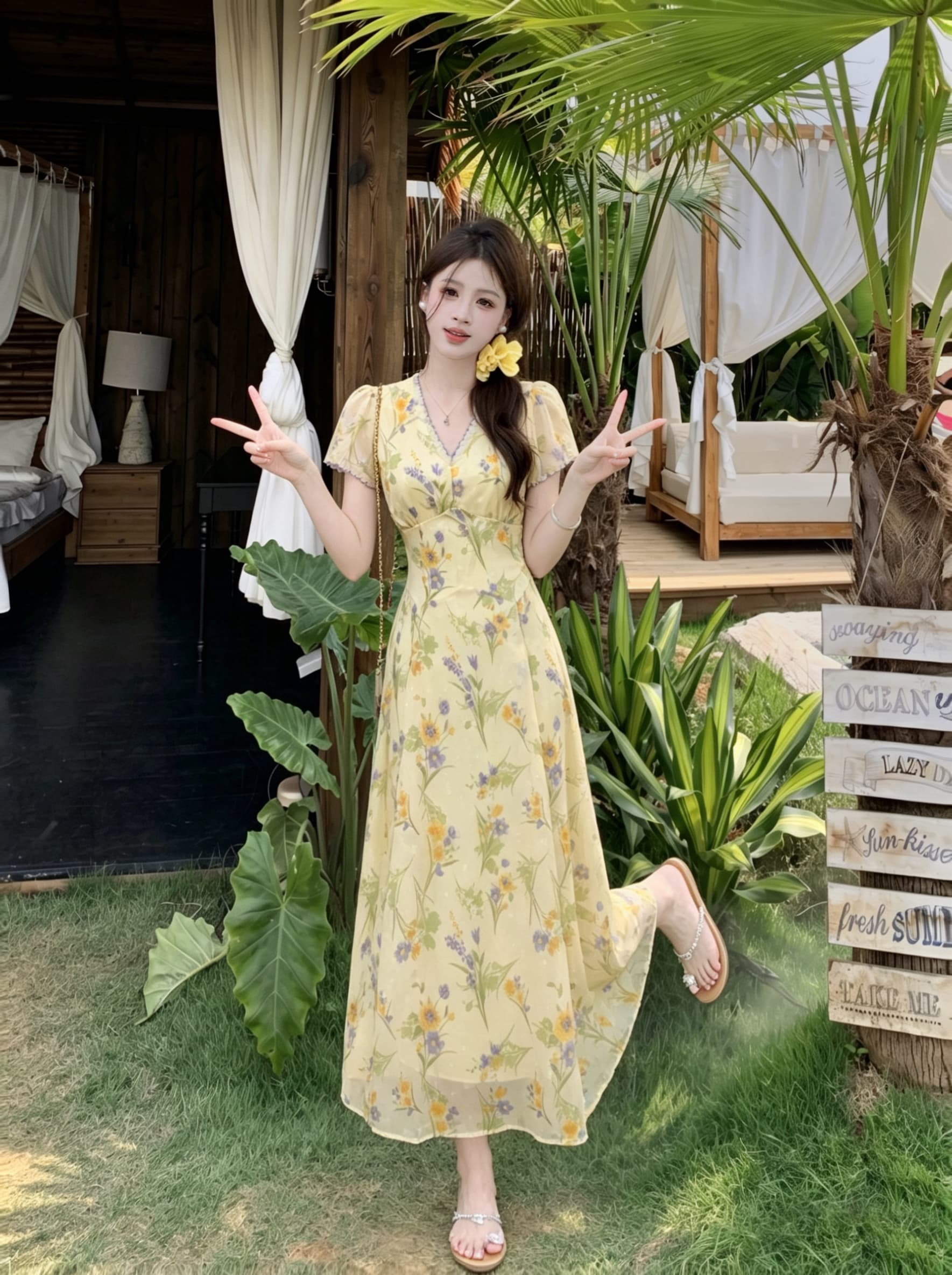 빅 사이즈 여름 지방 mm 새로운 프랑스식 품격 부드러운 바람 빛 연 프리지어 자수 허리 수축 슬림해 보이는 여성 드레스
