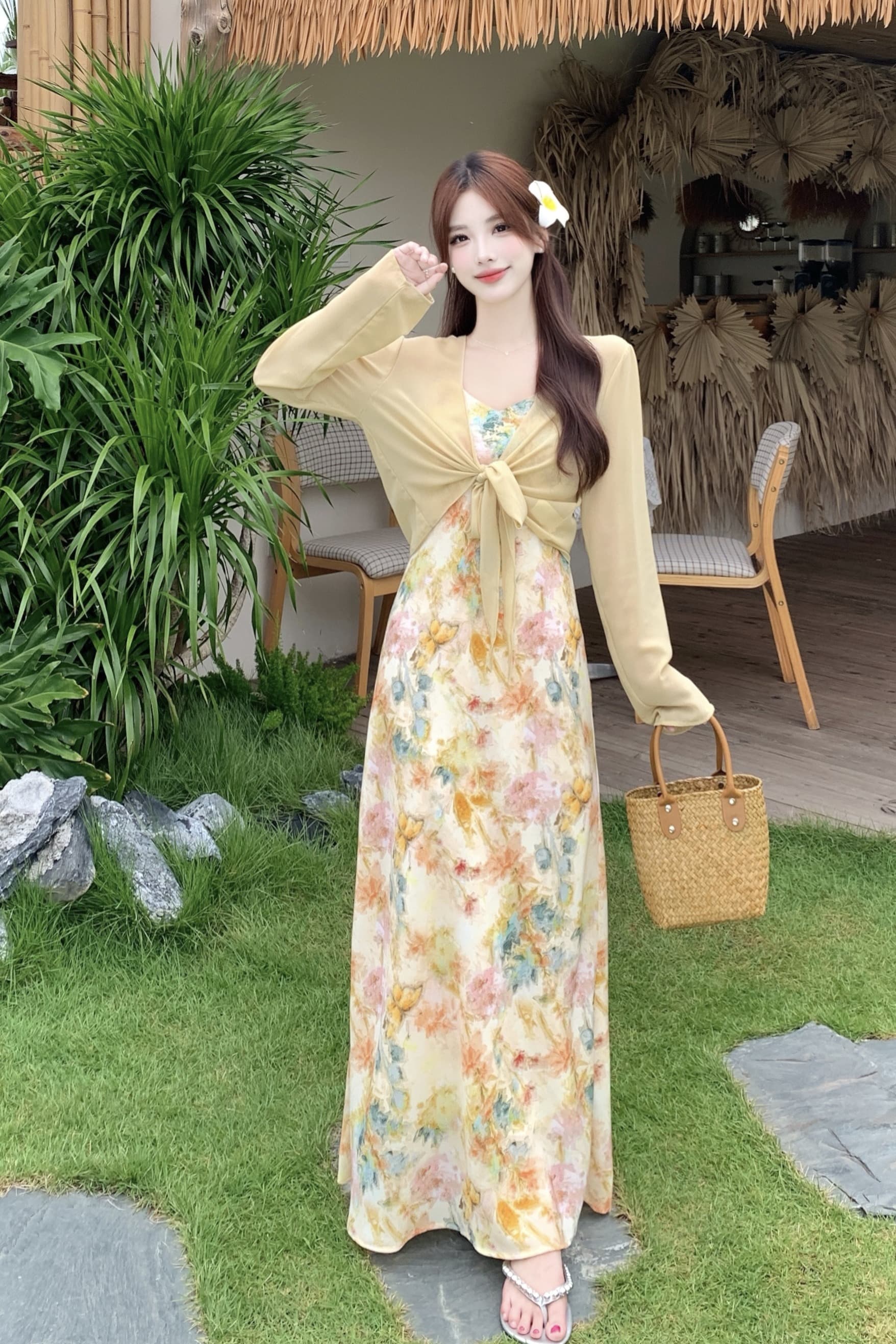 빅 사이즈 느긋한 느슨함 센스 여름 자외선 차단 꽃무늬 슬립 드레스 숄 투피스 세트 쉬폰 오픈 가디건 롱 스커트 세트 이미지 6