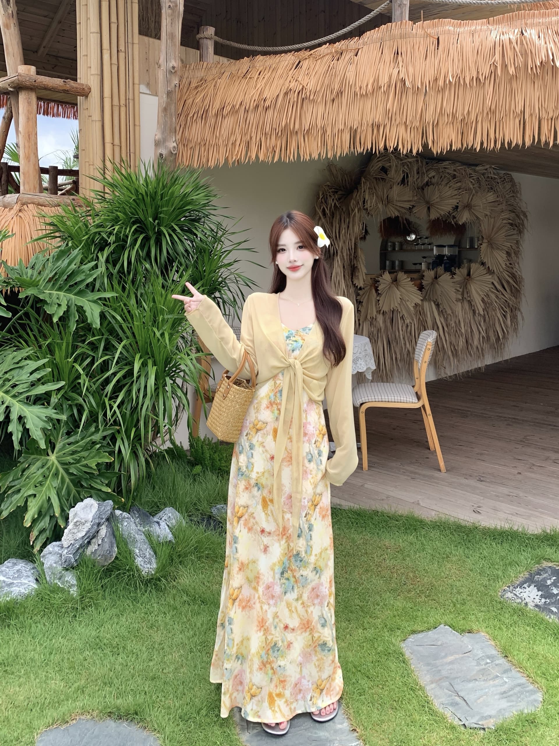 빅 사이즈 느긋한 느슨함 센스 여름 자외선 차단 꽃무늬 슬립 드레스 숄 투피스 세트 쉬폰 오픈 가디건 롱 스커트 세트 상세 이미지 9