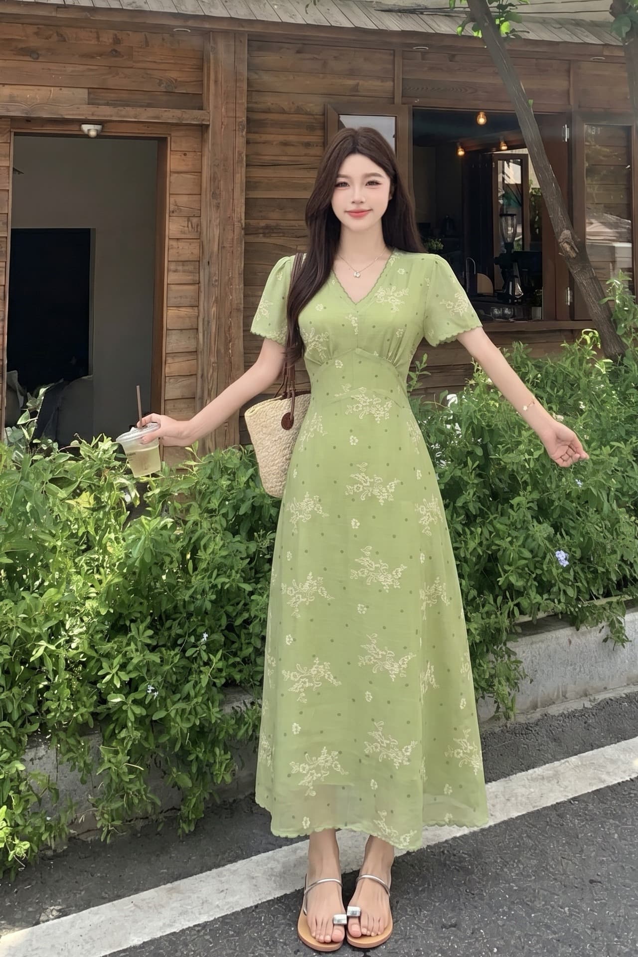 빅 사이즈 지방 mm 여름 프랑스식 레트로 품격 치마 여름 잡초와 함께 자란 녹색 리플 허리 수축 슬림해 보이는 휴가 바람 여성 드레스 이미지 6