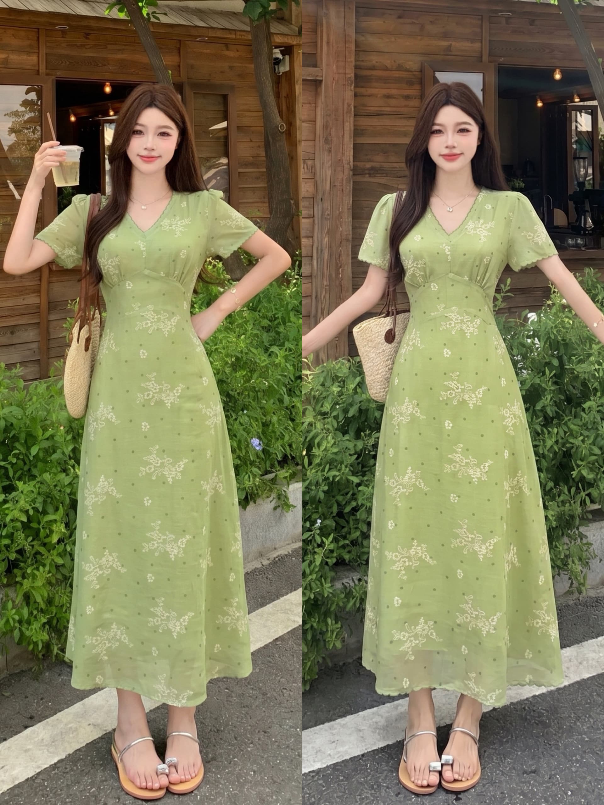 빅 사이즈 지방 mm 여름 프랑스식 레트로 품격 치마 여름 잡초와 함께 자란 녹색 리플 허리 수축 슬림해 보이는 휴가 바람 여성 드레스 상세 이미지 1