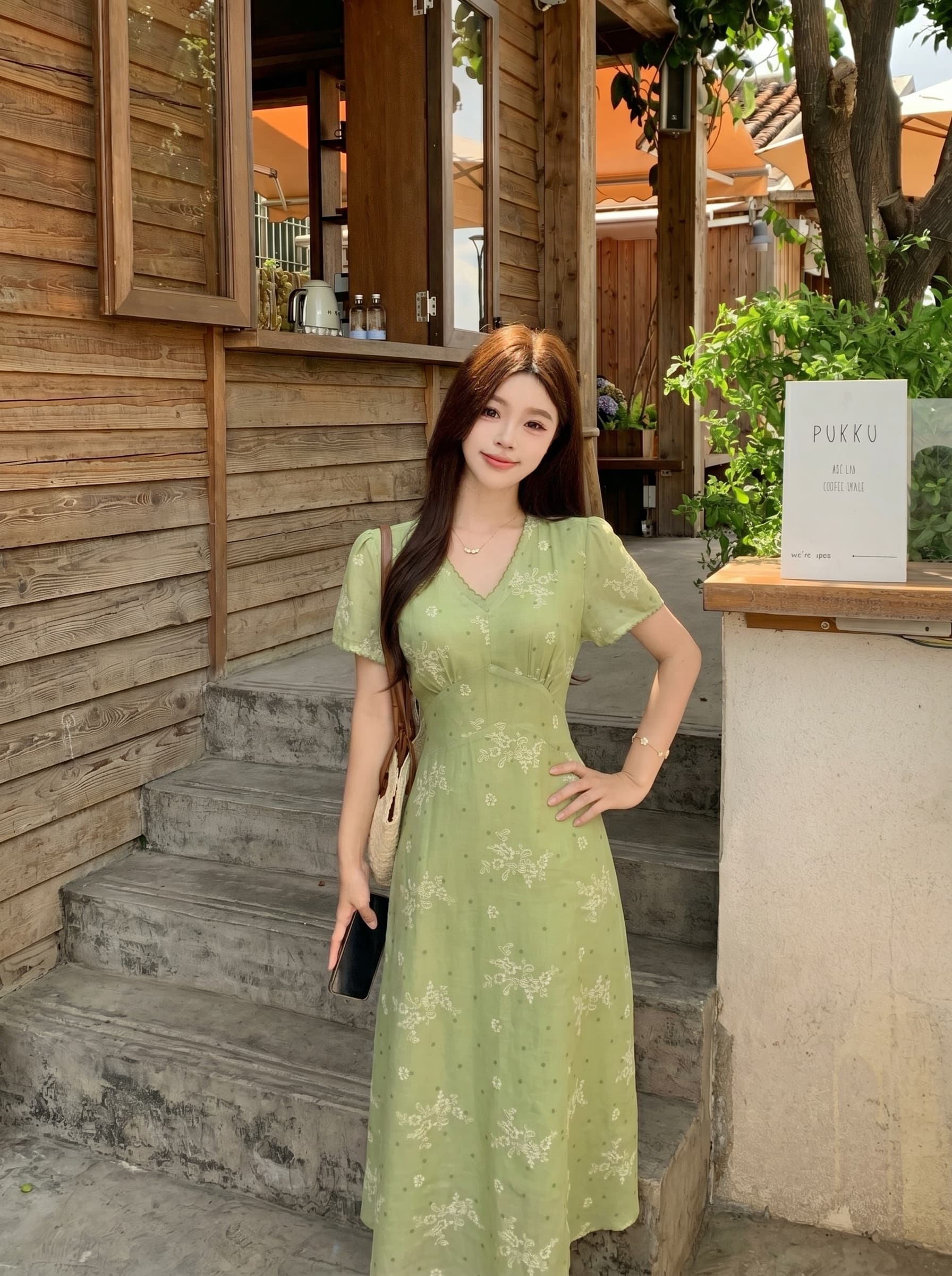 빅 사이즈 지방 mm 여름 프랑스식 레트로 품격 치마 여름 잡초와 함께 자란 녹색 리플 허리 수축 슬림해 보이는 휴가 바람 여성 드레스 상세 이미지 11