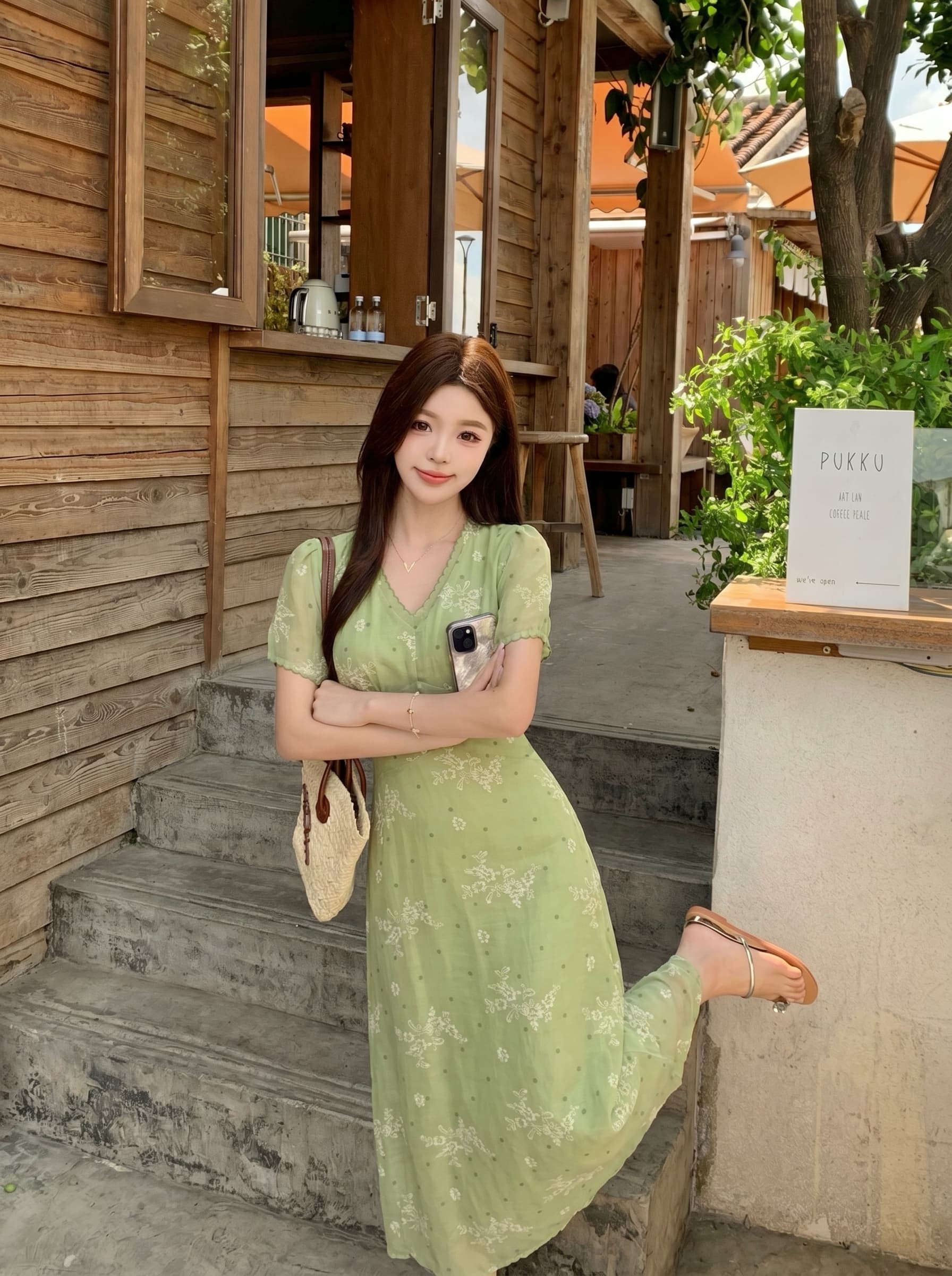 빅 사이즈 지방 mm 여름 프랑스식 레트로 품격 치마 여름 잡초와 함께 자란 녹색 리플 허리 수축 슬림해 보이는 휴가 바람 여성 드레스 상세 이미지 13