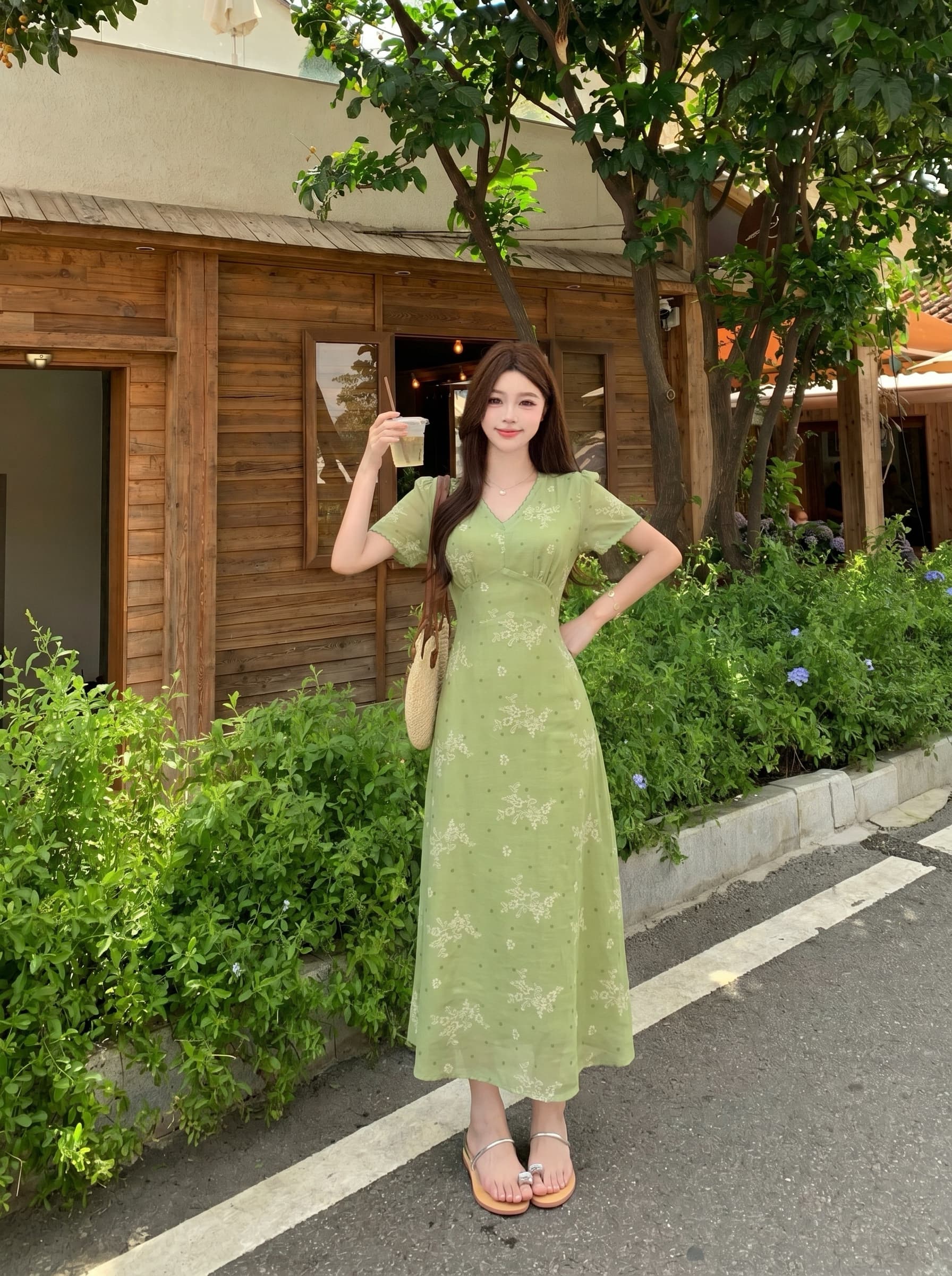 빅 사이즈 지방 mm 여름 프랑스식 레트로 품격 치마 여름 잡초와 함께 자란 녹색 리플 허리 수축 슬림해 보이는 휴가 바람 여성 드레스 상세 이미지 14