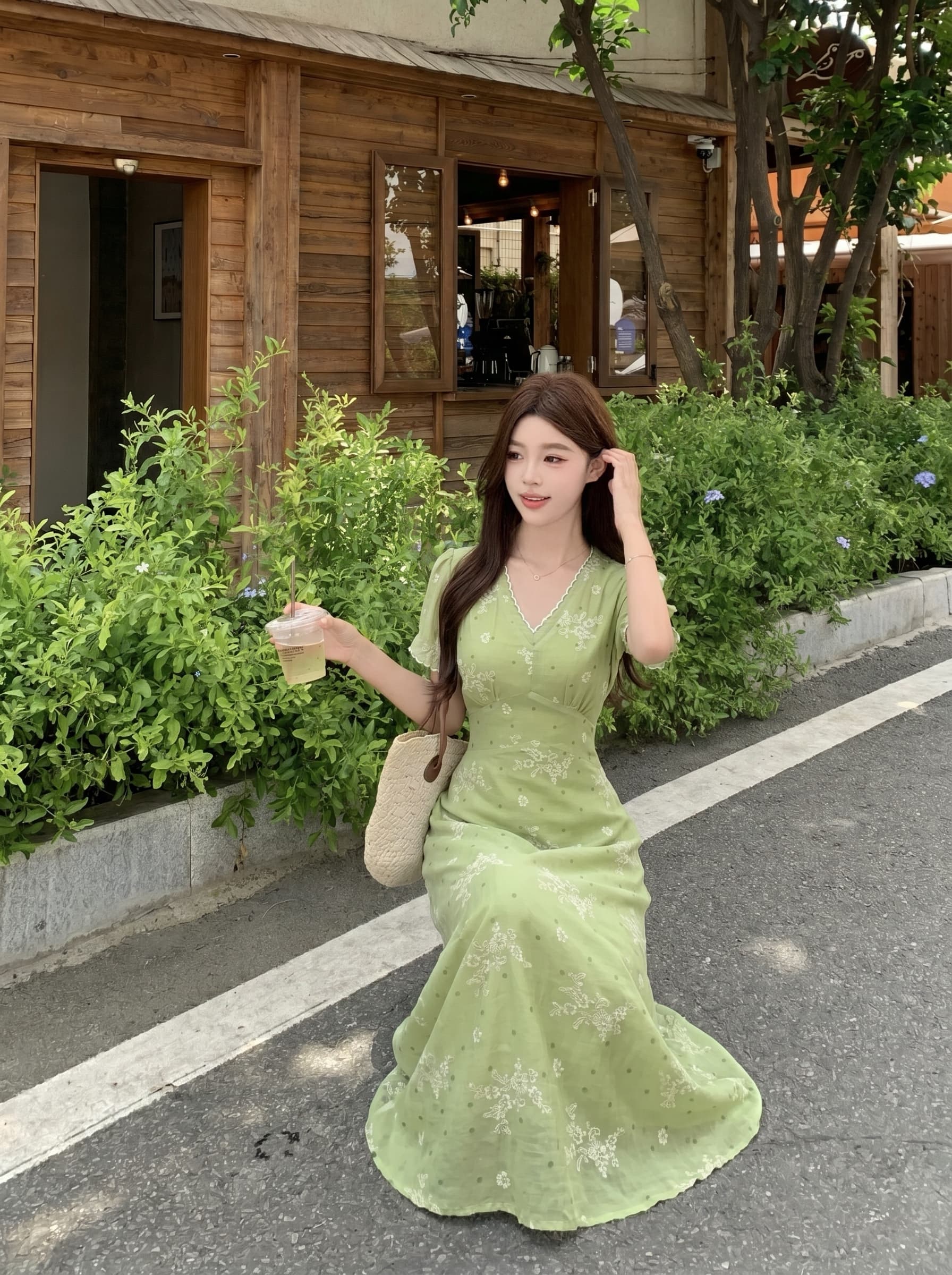 빅 사이즈 지방 mm 여름 프랑스식 레트로 품격 치마 여름 잡초와 함께 자란 녹색 리플 허리 수축 슬림해 보이는 휴가 바람 여성 드레스 상세 이미지 15