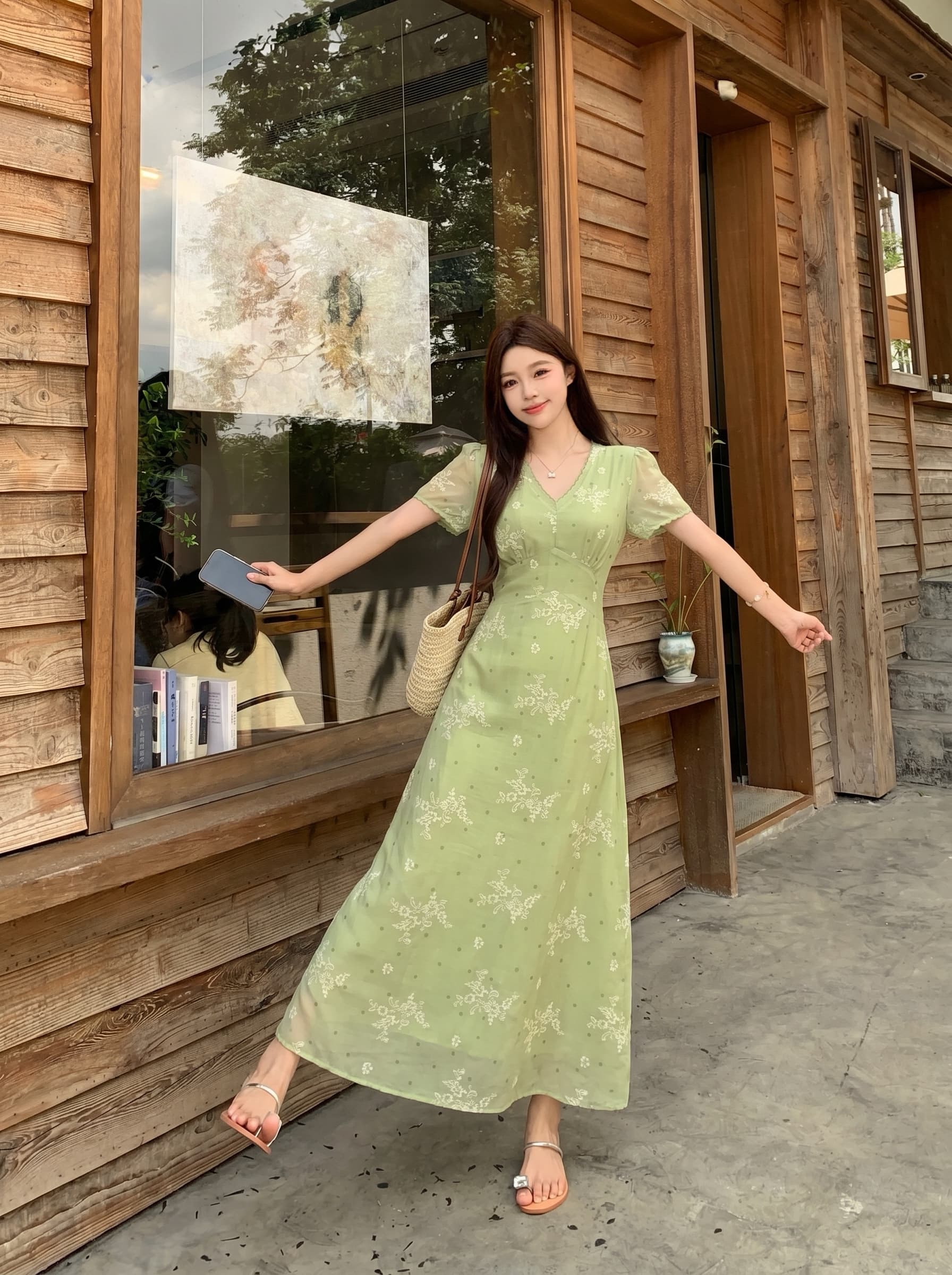 빅 사이즈 지방 mm 여름 프랑스식 레트로 품격 치마 여름 잡초와 함께 자란 녹색 리플 허리 수축 슬림해 보이는 휴가 바람 여성 드레스 상세 이미지 16