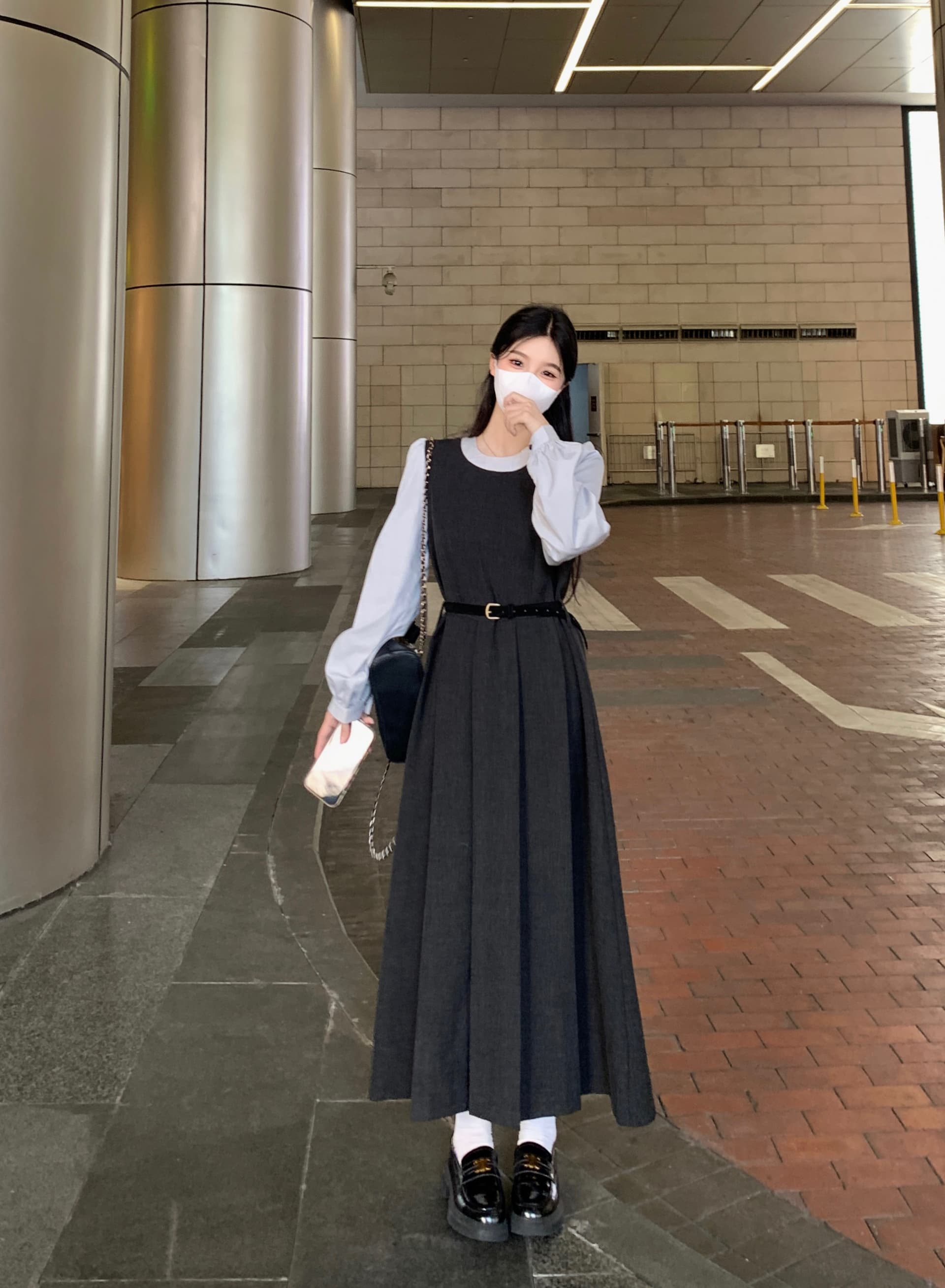 빅 사이즈 2026 가을 지방 mm 프랑스식 페이크 레이어드 긴팔 드레스 허리 수축 슬림해 보이는 한 부서 분위기 센스 착용 가져 가라. 롱 스커트 상세 이미지 9