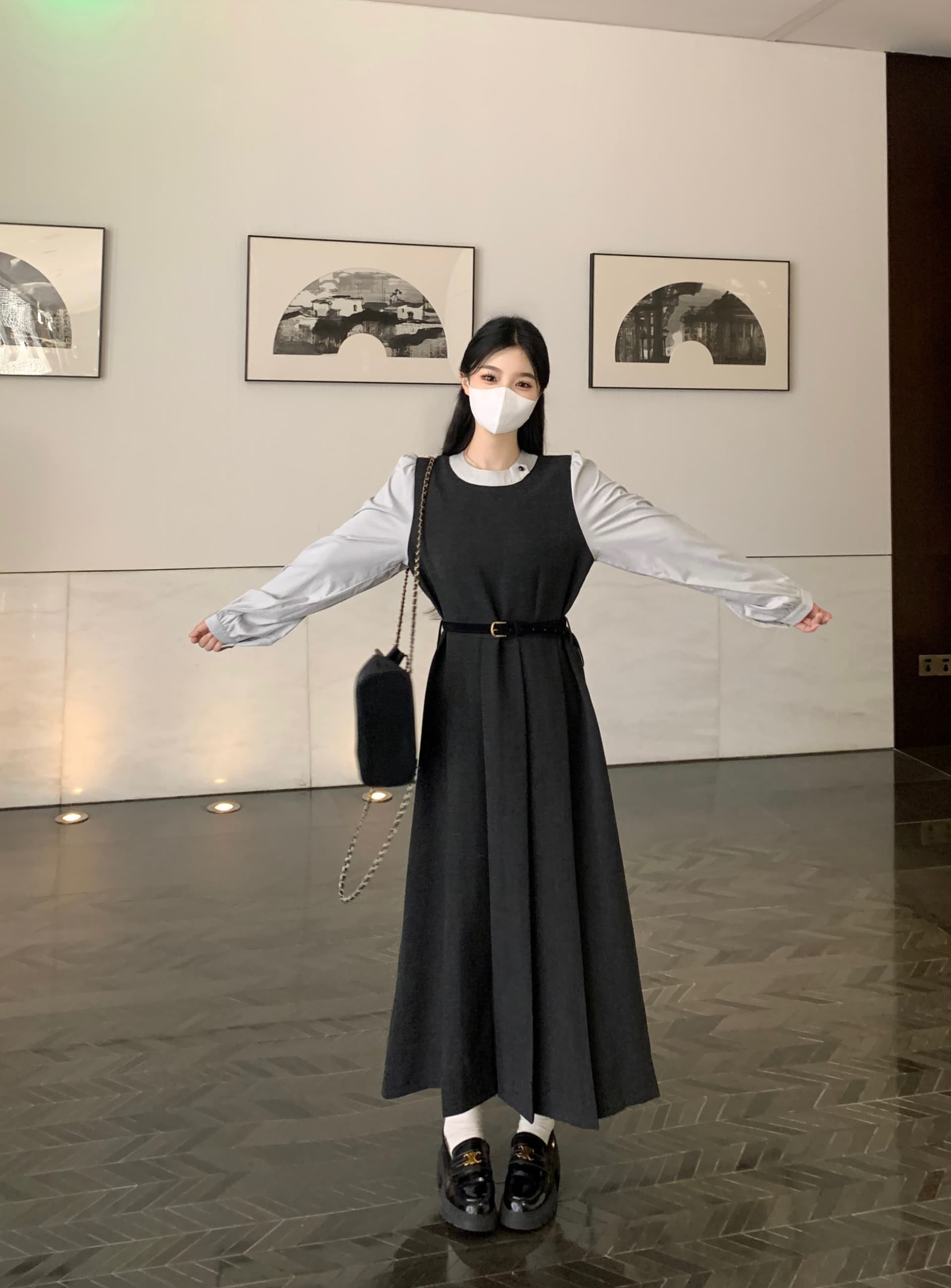 빅 사이즈 2026 가을 지방 mm 프랑스식 페이크 레이어드 긴팔 드레스 허리 수축 슬림해 보이는 한 부서 분위기 센스 착용 가져 가라. 롱 스커트 상세 이미지 13