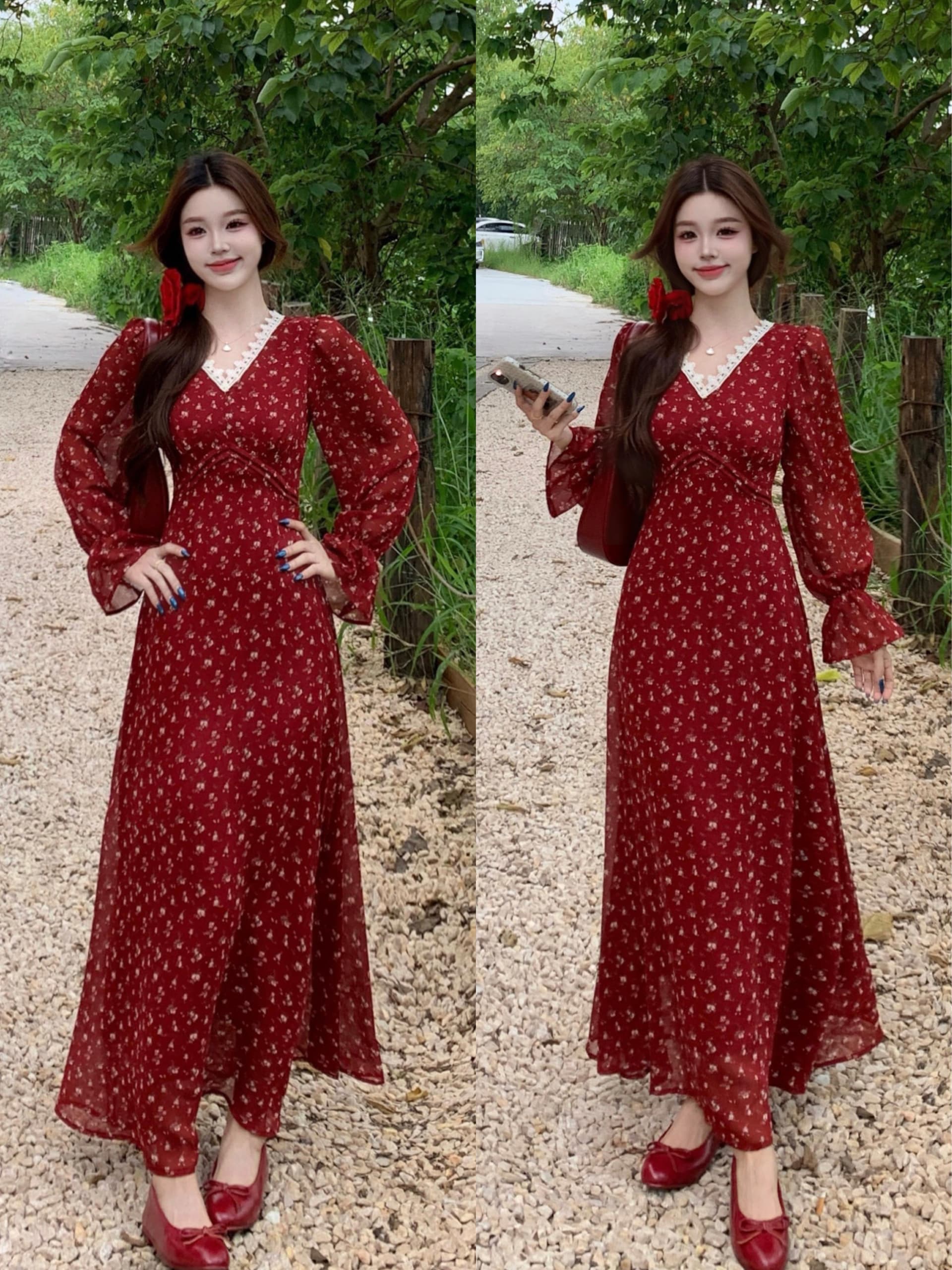 빅 사이즈 지방 mm 2026 가을 엄마 서울 그것의 엄마 프랑스식 레트로 고귀한 품격 디자인 센스 V넥 꽃무늬 여성 드레스 상세 이미지 1