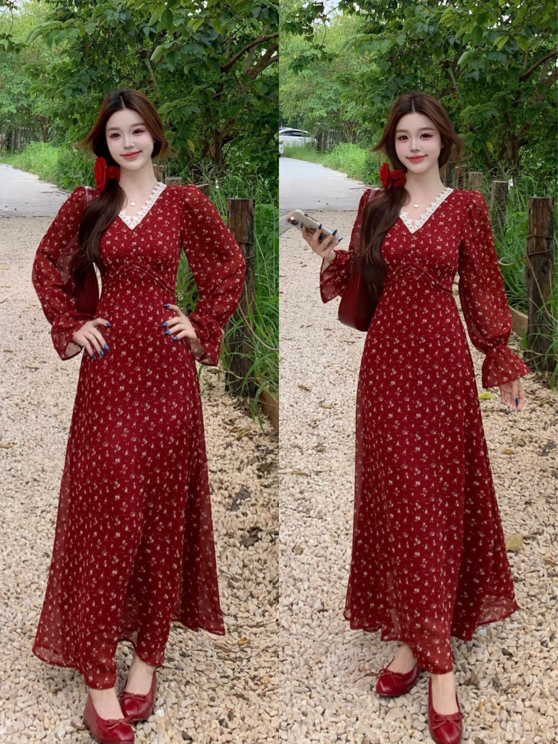 빅 사이즈 지방 mm 2026 가을 엄마 서울 그것의 엄마 프랑스식 레트로 고귀한 품격 디자인 센스 V넥 꽃무늬 여성 드레스