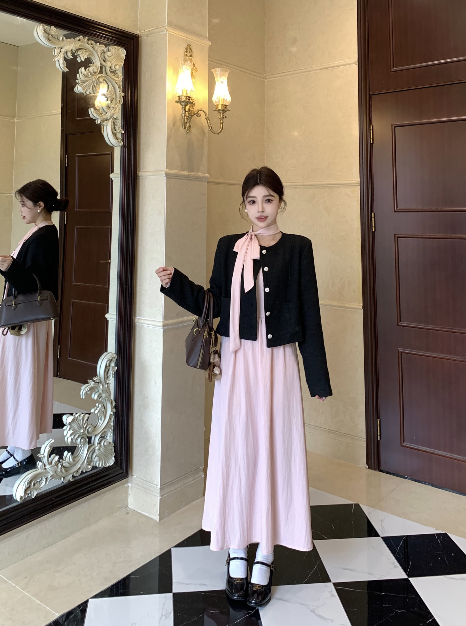 빅 사이즈 검은 소나무 이슬 한국 스타일 작은 샤넬 스타일 재킷 부드러운 품격 천 금빛 바람 가을 맨위 행침 목 허리 수축 롱 스커트 여성 이미지 2