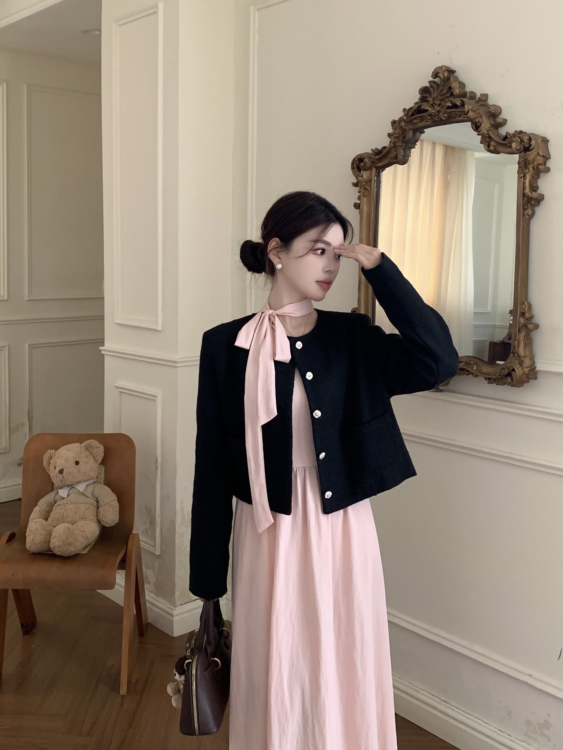 빅 사이즈 검은 소나무 이슬 한국 스타일 작은 샤넬 스타일 재킷 부드러운 품격 천 금빛 바람 가을 맨위 행침 목 허리 수축 롱 스커트 여성 상세 이미지 10
