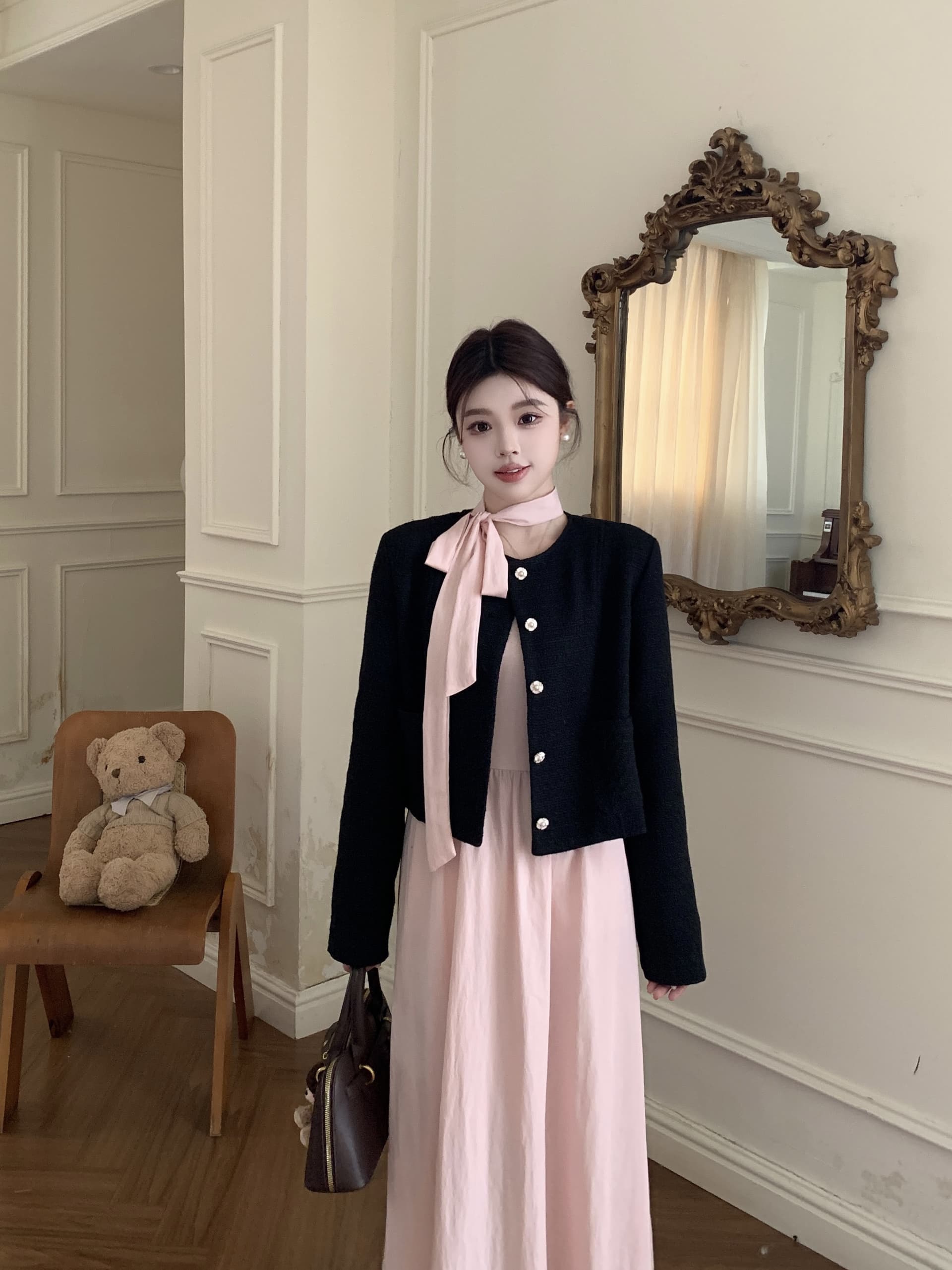빅 사이즈 검은 소나무 이슬 한국 스타일 작은 샤넬 스타일 재킷 부드러운 품격 천 금빛 바람 가을 맨위 행침 목 허리 수축 롱 스커트 여성 상세 이미지 12