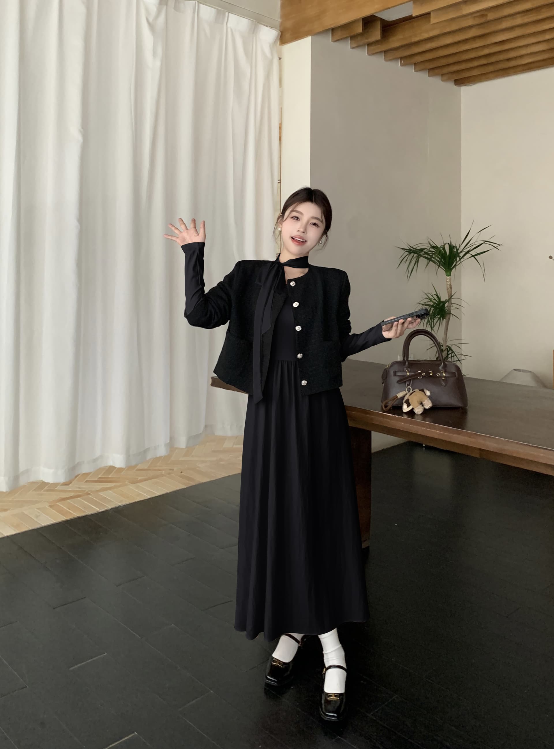 빅 사이즈 검은 소나무 이슬 한국 스타일 작은 샤넬 스타일 재킷 부드러운 품격 천 금빛 바람 가을 맨위 행침 목 허리 수축 롱 스커트 여성 상세 이미지 19