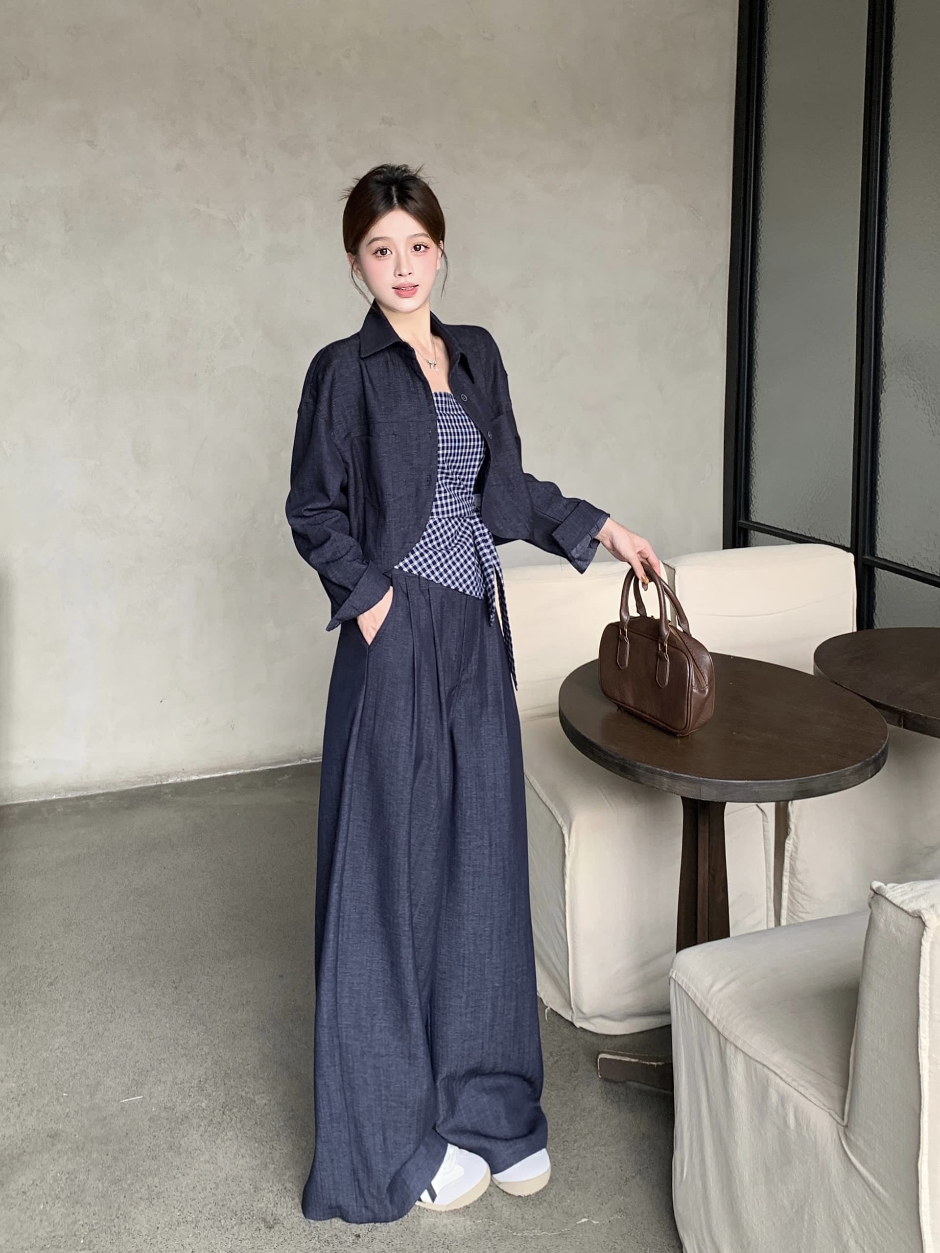 빅 사이즈 체크무늬 데님 체크무늬 스트랩 슬립 재킷 세트 여성 2026 새로운 느긋한 캐주얼 바지 세 조각 여성 세트 상세 이미지 13