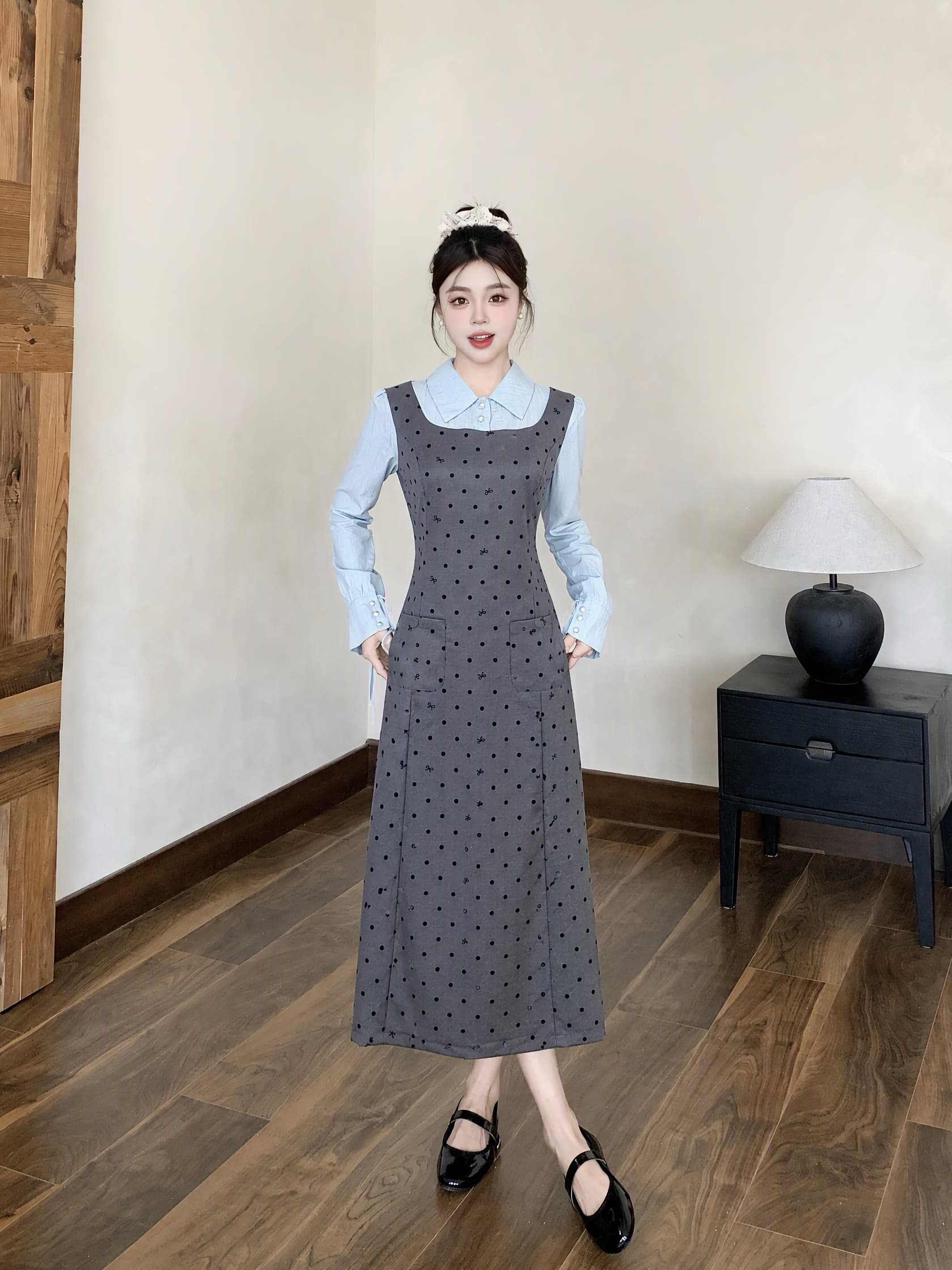 빅 사이즈 2026 가을 겨울 마이크로 지방 빅 사이즈 식물 플러시 도트 무늬 긴팔 조끼 스커트 패치워크 셔츠 페이크 레이어드 여성 드레스 이미지 2