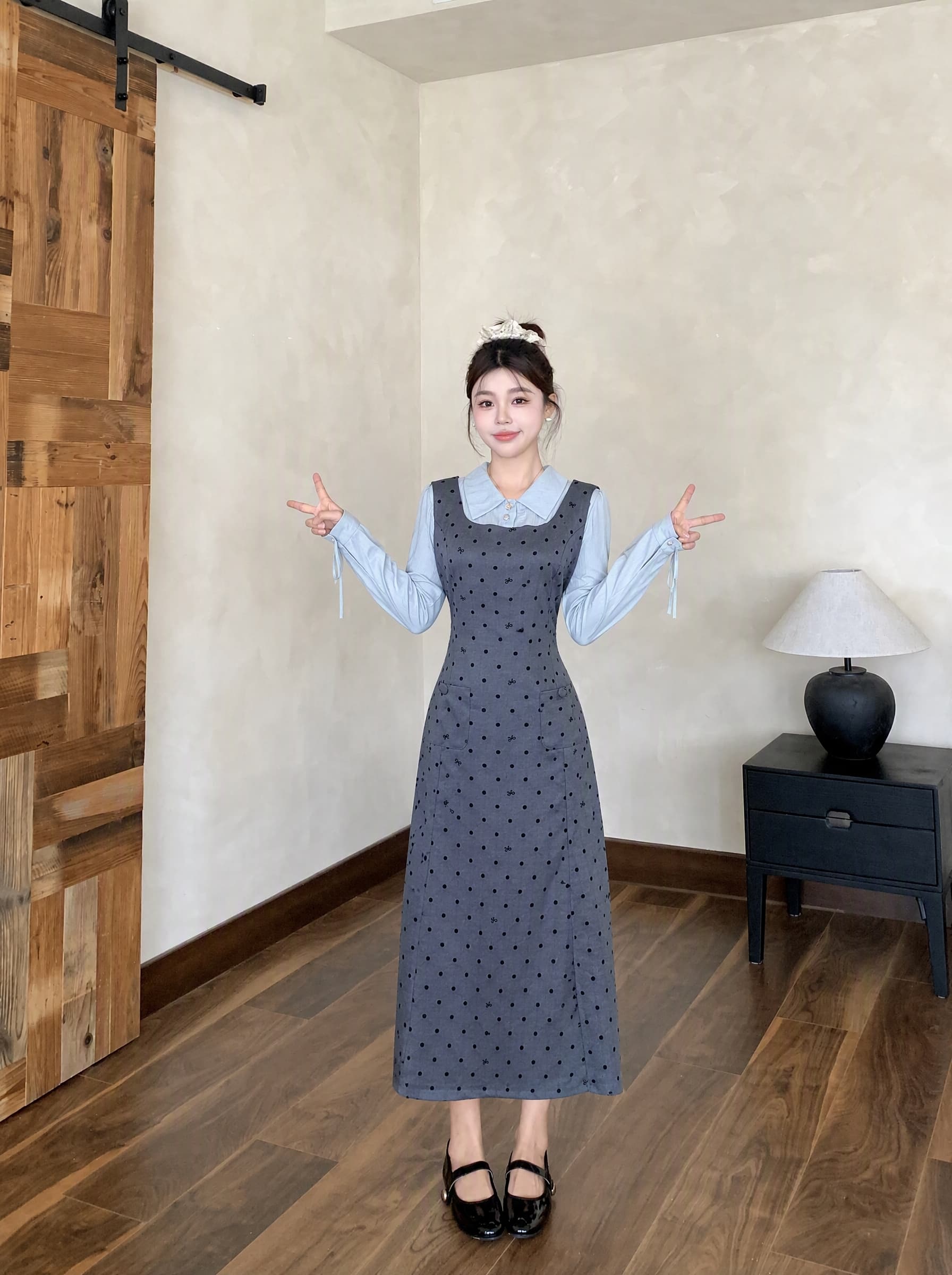 빅 사이즈 2026 가을 겨울 마이크로 지방 빅 사이즈 식물 플러시 도트 무늬 긴팔 조끼 스커트 패치워크 셔츠 페이크 레이어드 여성 드레스 상세 이미지 7