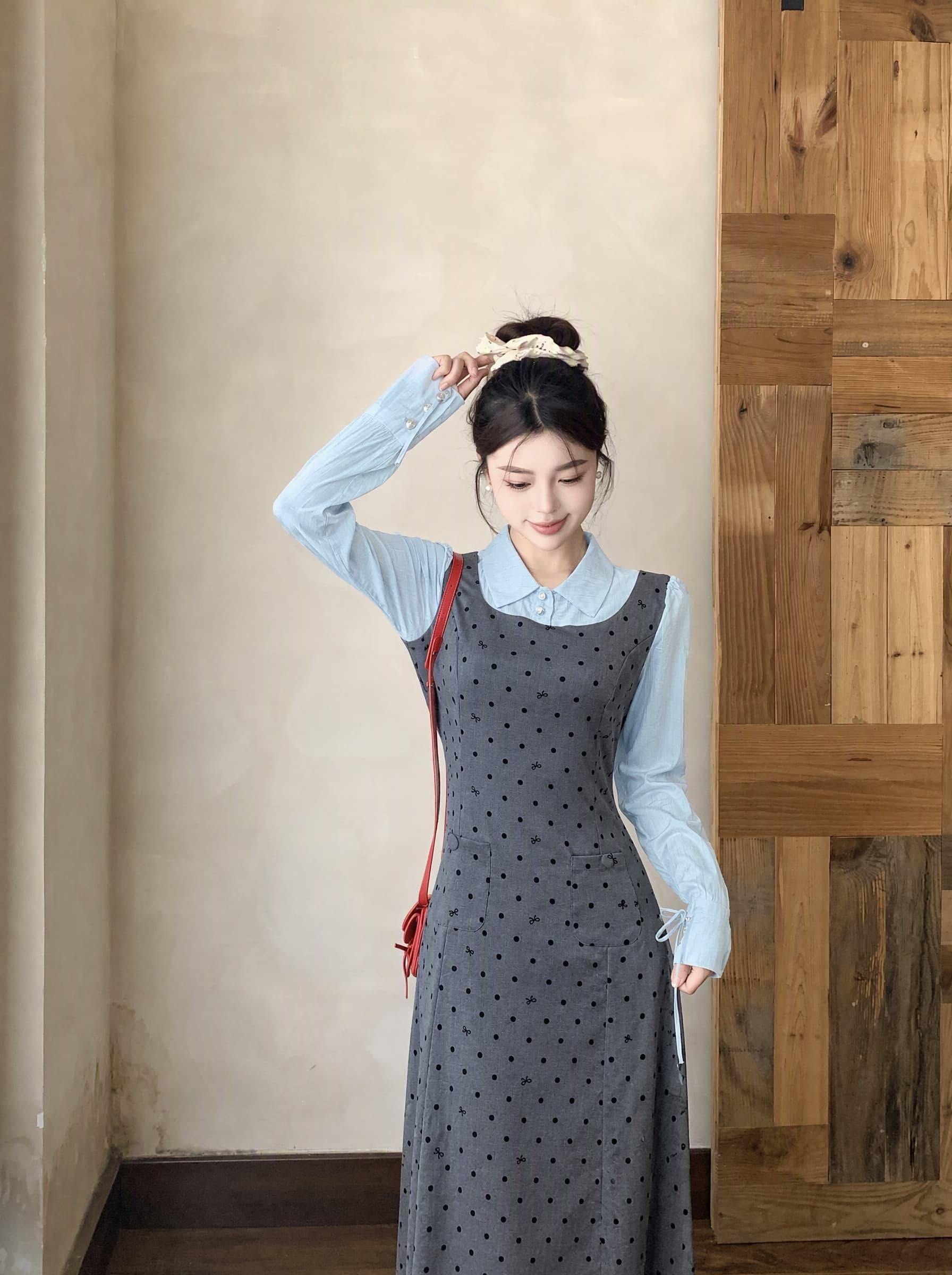 빅 사이즈 2026 가을 겨울 마이크로 지방 빅 사이즈 식물 플러시 도트 무늬 긴팔 조끼 스커트 패치워크 셔츠 페이크 레이어드 여성 드레스 상세 이미지 9