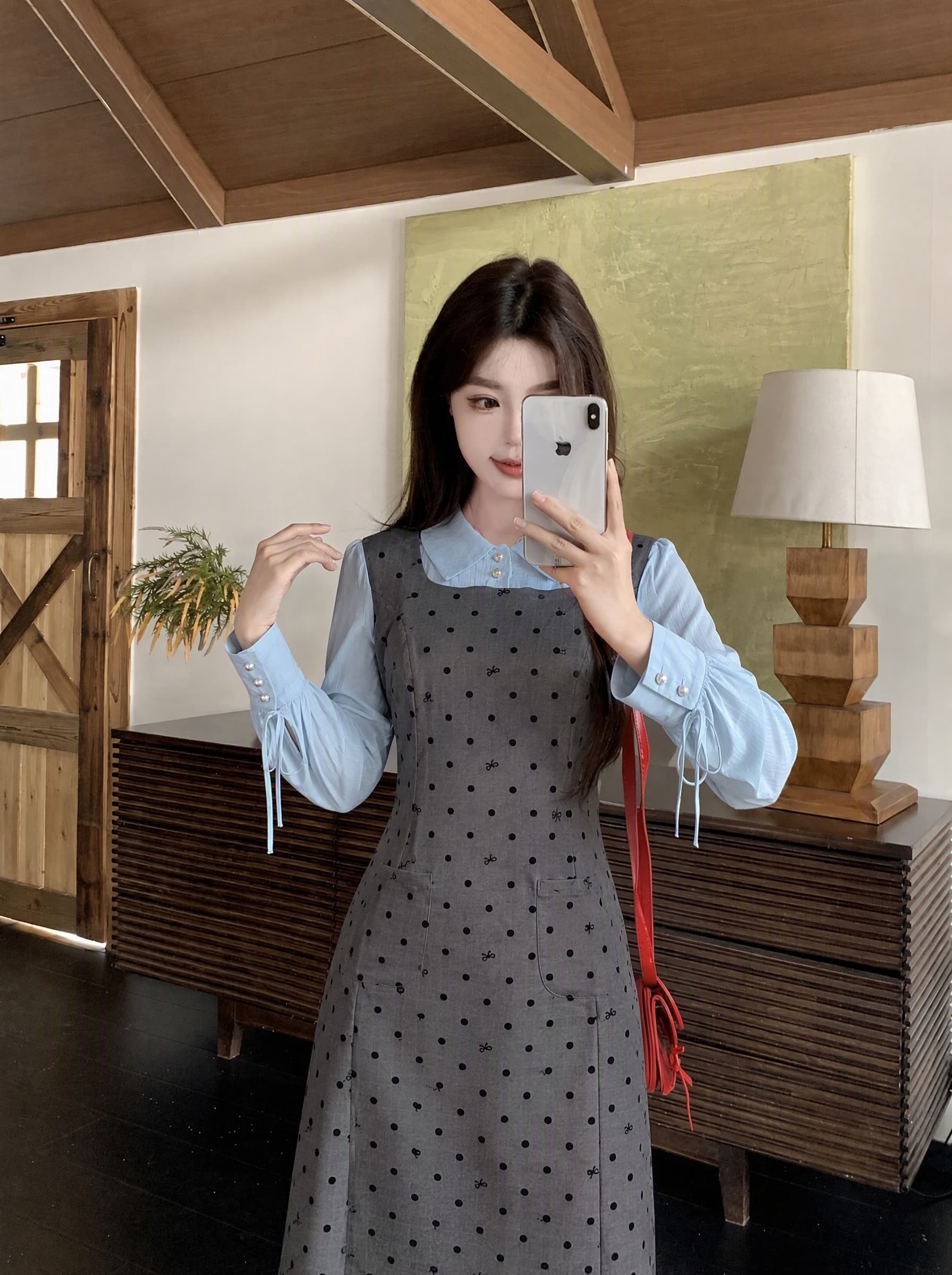 빅 사이즈 2026 가을 겨울 마이크로 지방 빅 사이즈 식물 플러시 도트 무늬 긴팔 조끼 스커트 패치워크 셔츠 페이크 레이어드 여성 드레스 상세 이미지 13