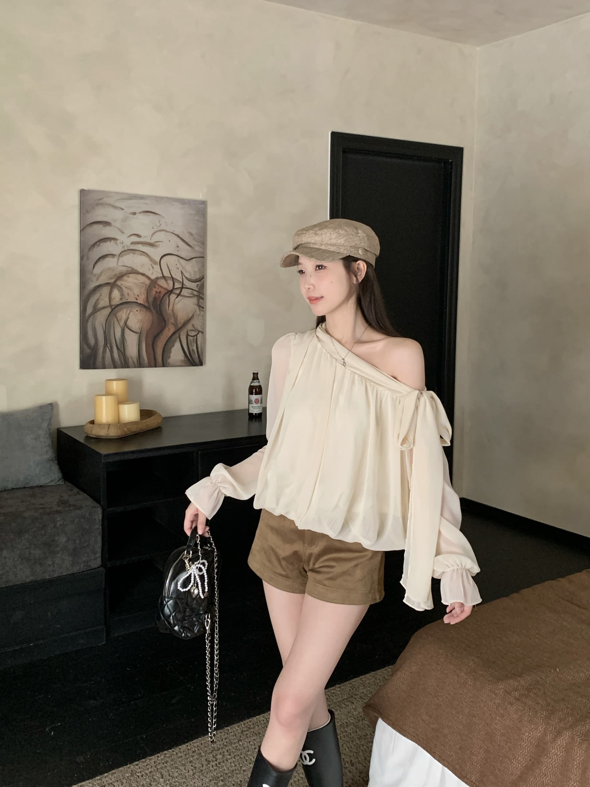빅 사이즈 가을 보 주님 추천 민소매 리본 디자인 센스 천 금빛 바람 오프숄더 조끼 작은 셔츠 불규칙 핫걸 맨위 상세 이미지 10