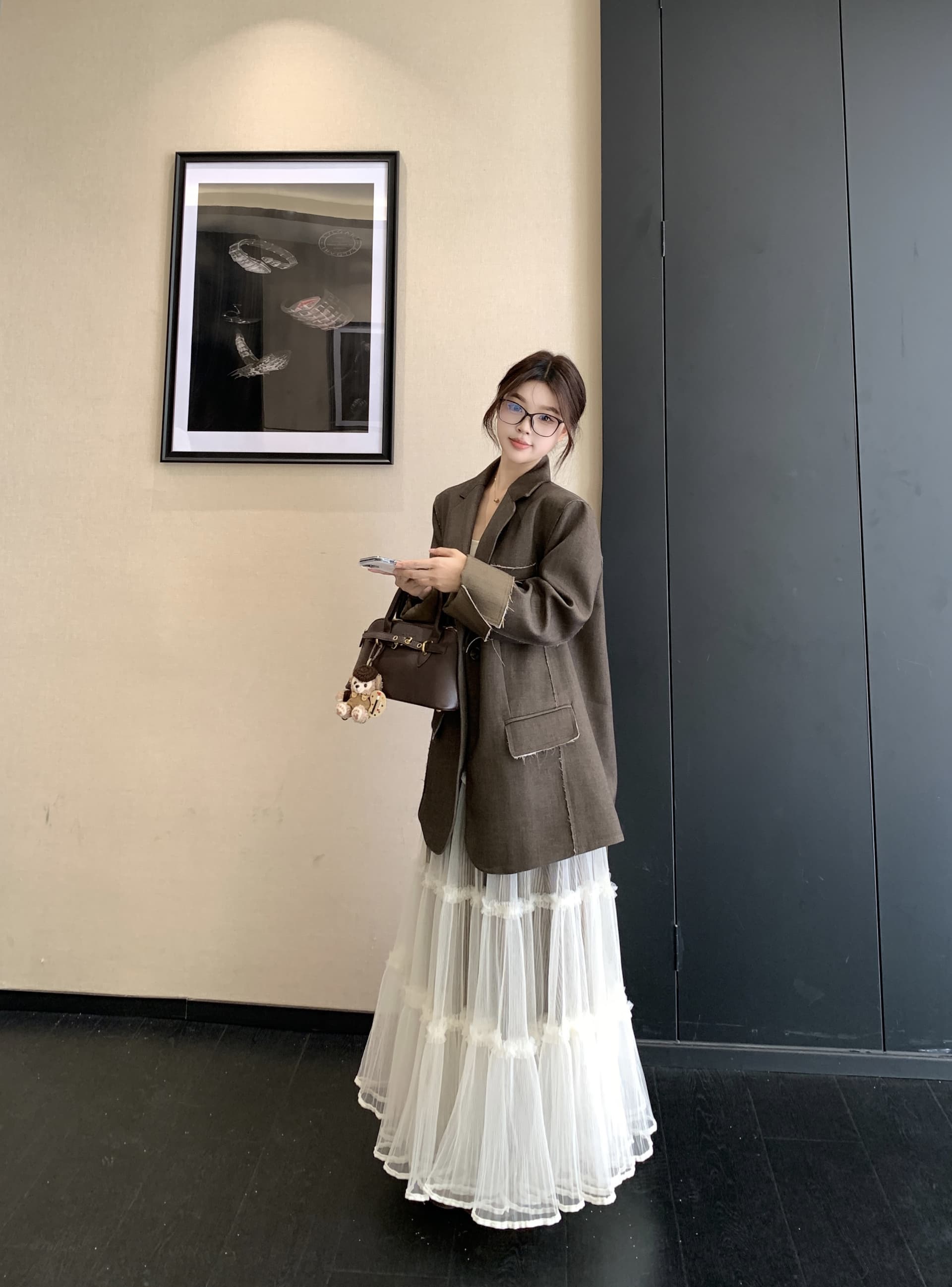 빅 사이즈 한 부서 레트로 커피 색상 블레이저 살구 색상 반신 스커트 투피스 세트 빛 요리 한 느긋한 바람 패션 세트 여성 상세 이미지 12